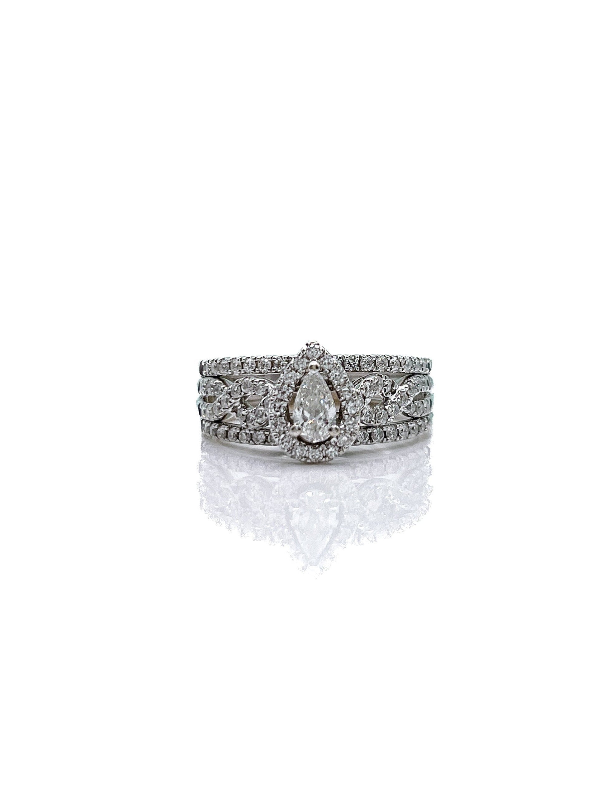 Vintage Bridal Set with Pear Diamond Halo Engagement Ring and Wedding Bands in 14k White Gold - Timeless