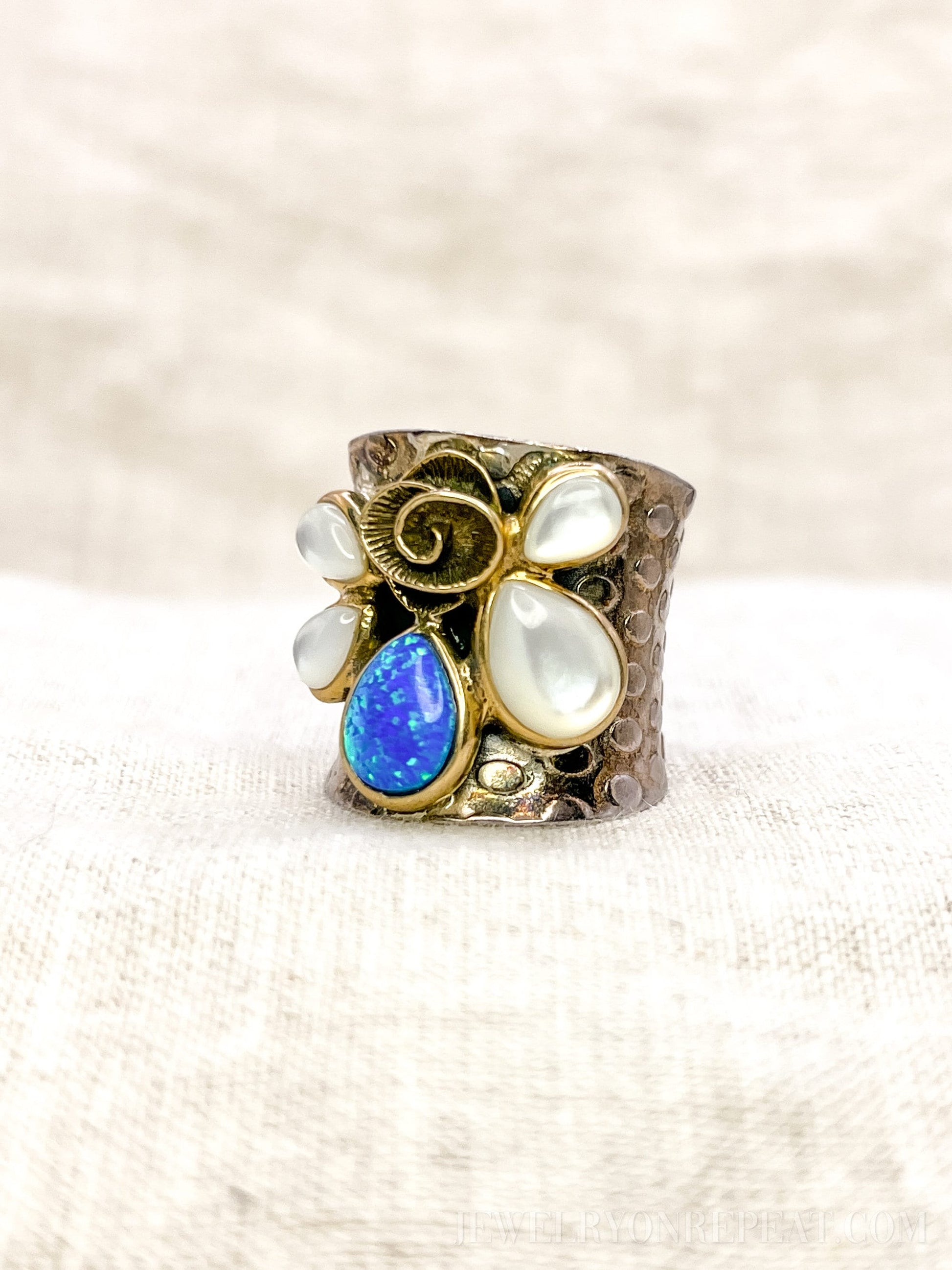 Vintage Opal Boho Floral Gemstone Cigar Band Ring in Sterling Silver