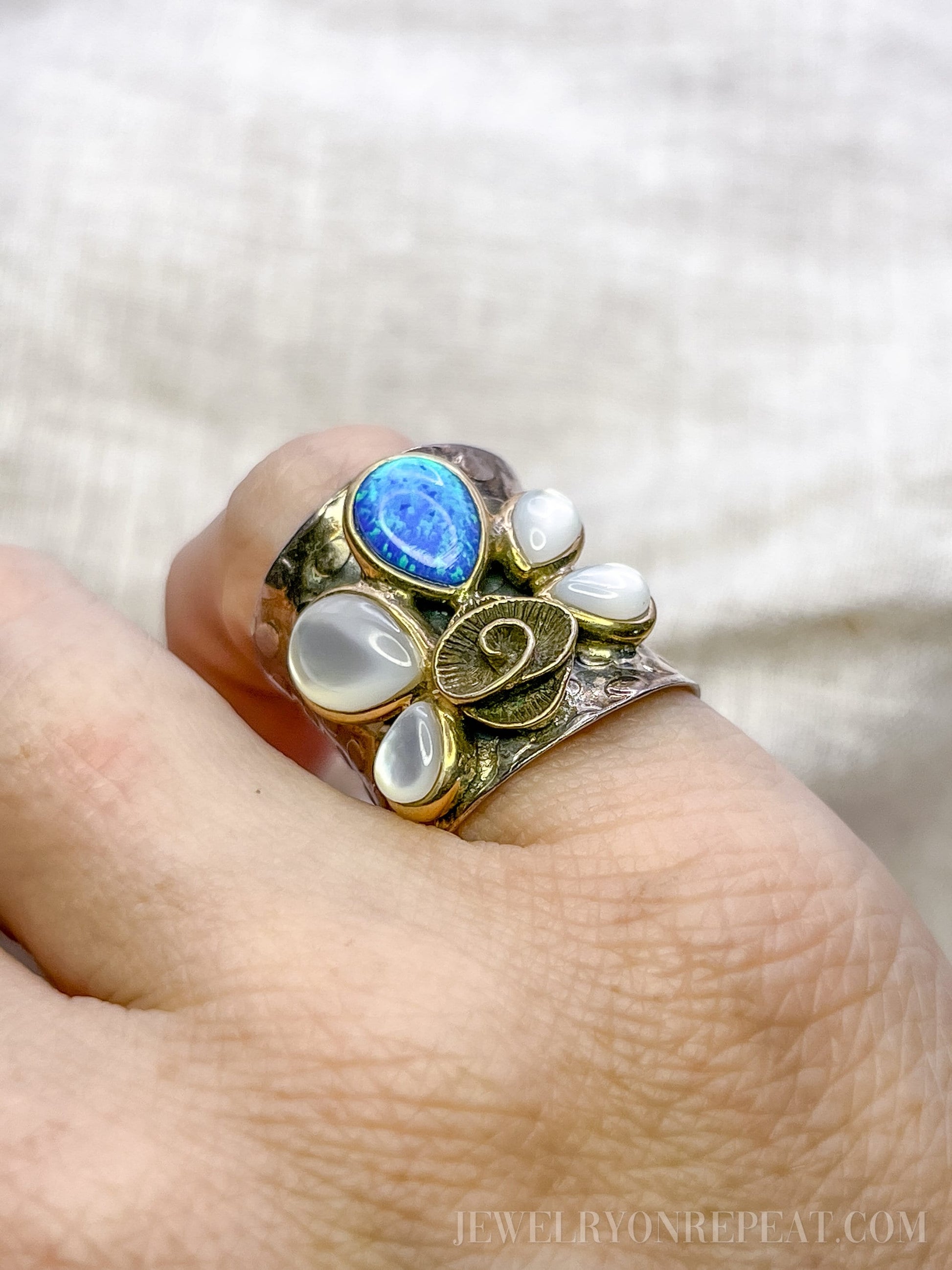 Vintage Opal Boho Floral Gemstone Cigar Band Ring in Sterling Silver