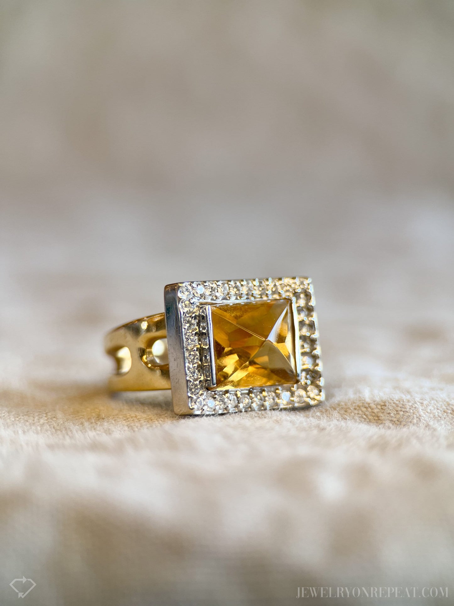 Vintage Citrine and Diamond Geometric Pyramid Halo Ring in 14k Gold