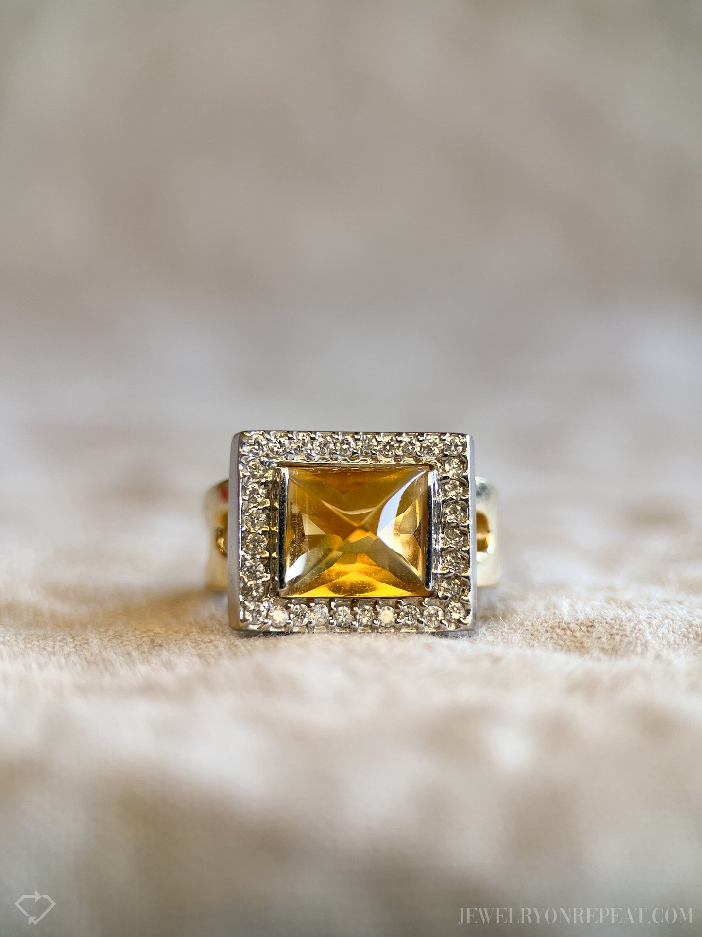 Vintage Citrine and Diamond Geometric Pyramid Halo Ring in 14k Gold