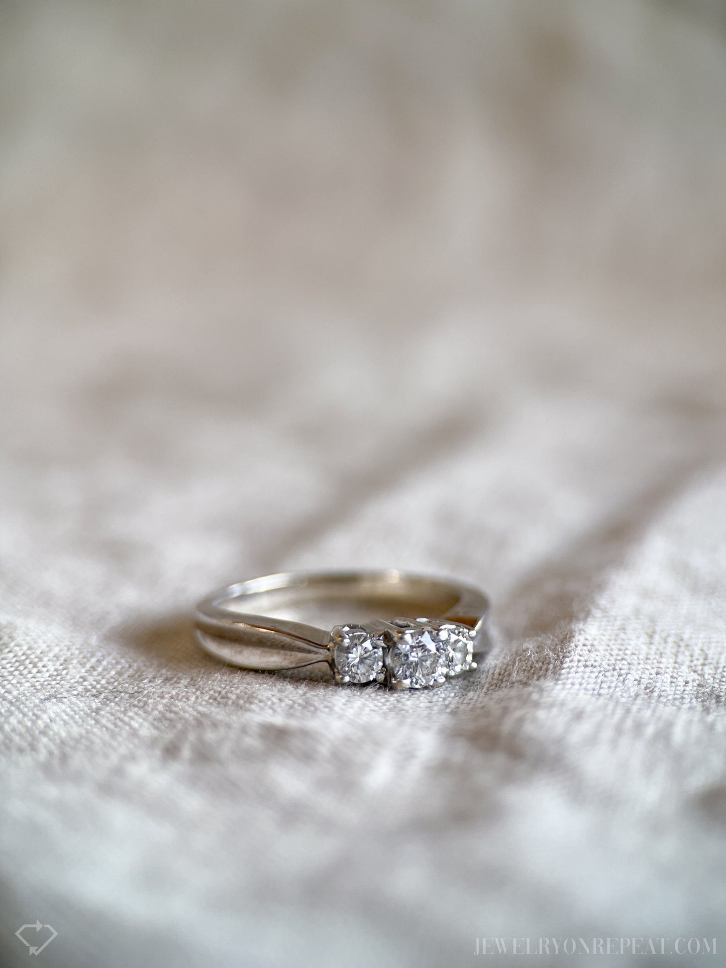 Vintage Three Stone Diamond Engagement Ring in 14k White Gold, Retro Jewelry from the 1990s