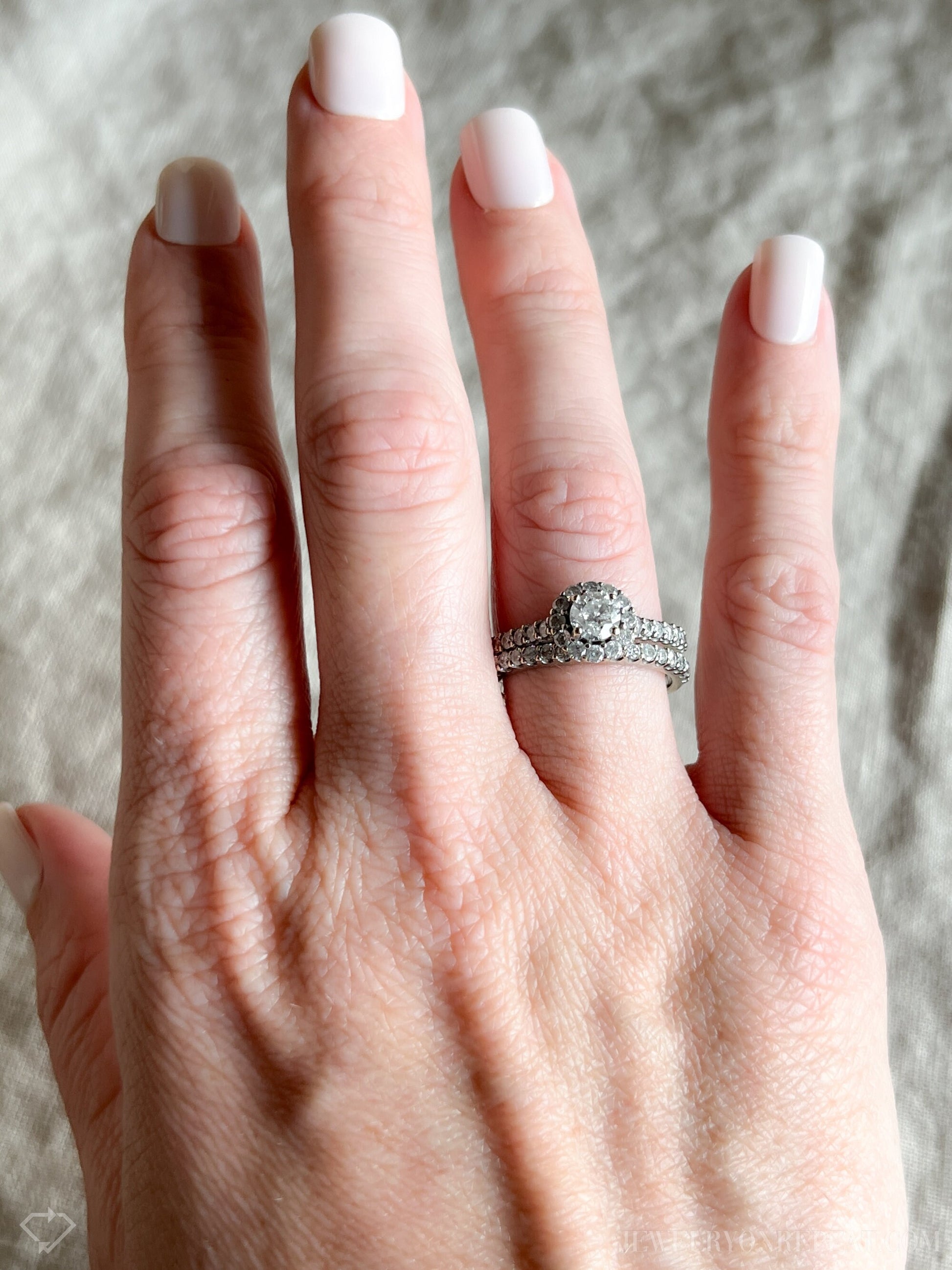 Vintage Diamond Halo Engagement Ring and Wedding Band Set in 14k White Gold, Retro 1990s Jewelry - Timeless, Sustainable, @JewelryOnRepeat