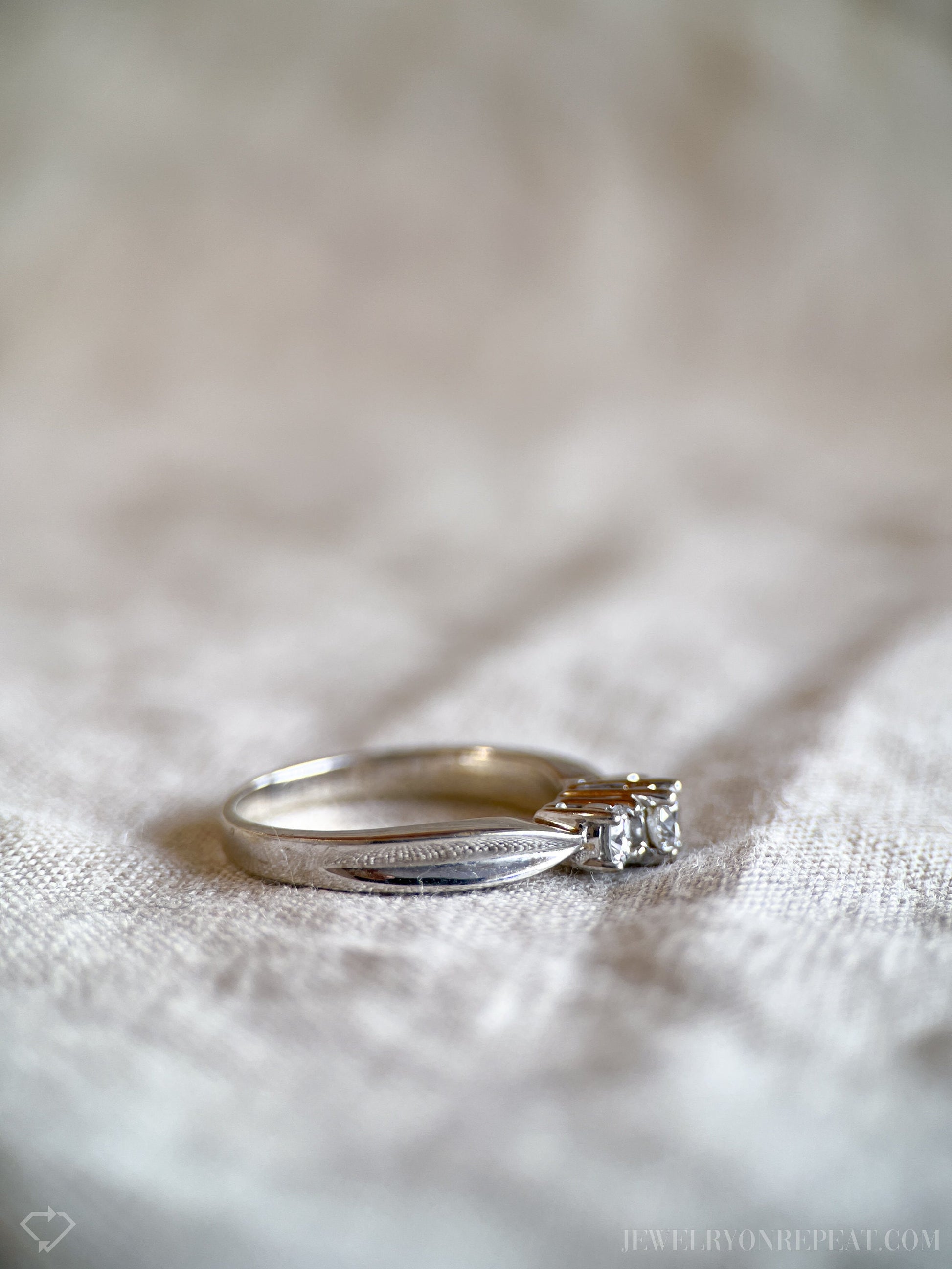 Vintage Three Stone Diamond Engagement Ring in 14k White Gold, Retro Jewelry from the 1990s