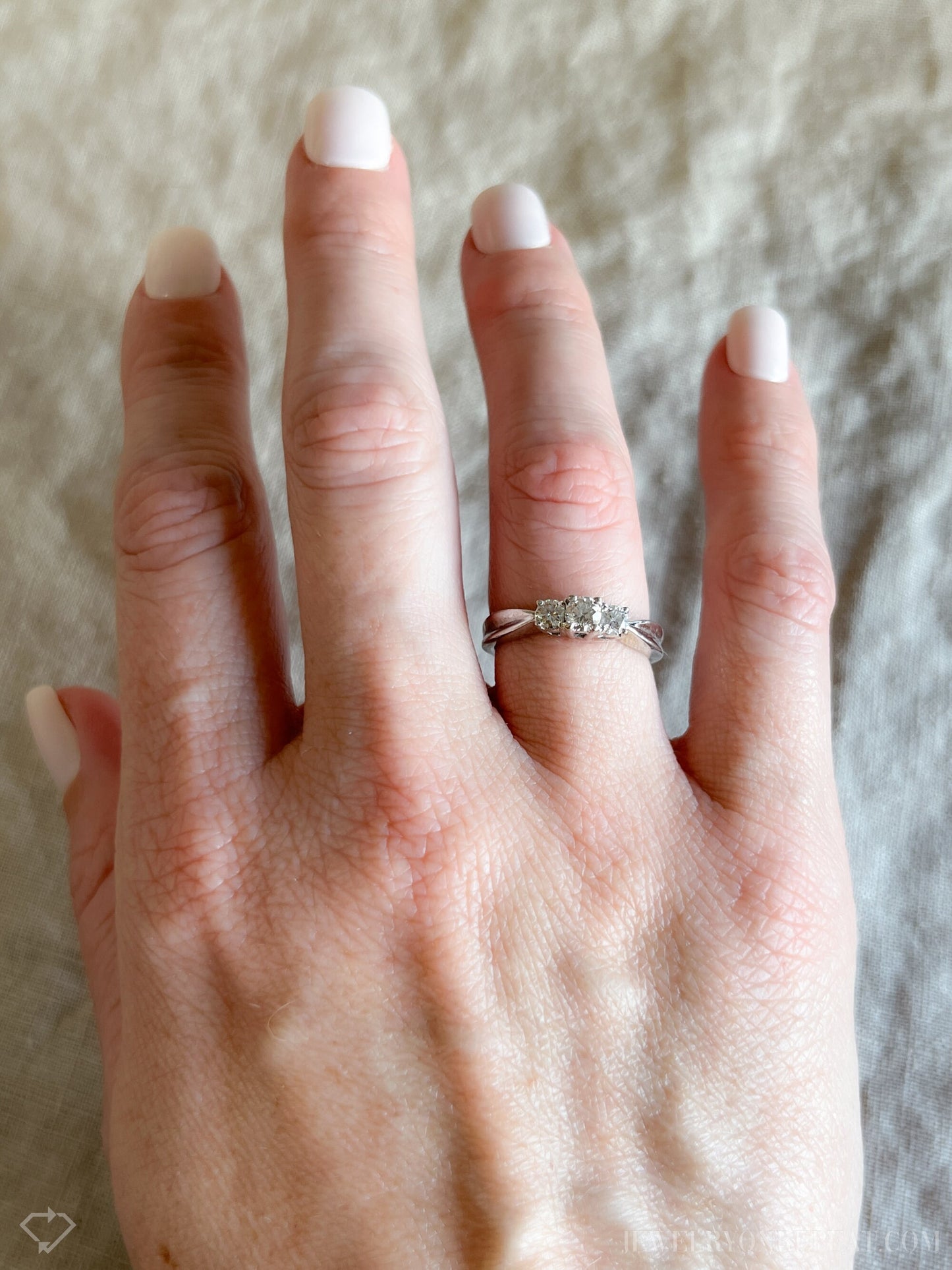 Vintage Three Stone Diamond Engagement Ring in 14k White Gold, Retro Jewelry from the 1990s