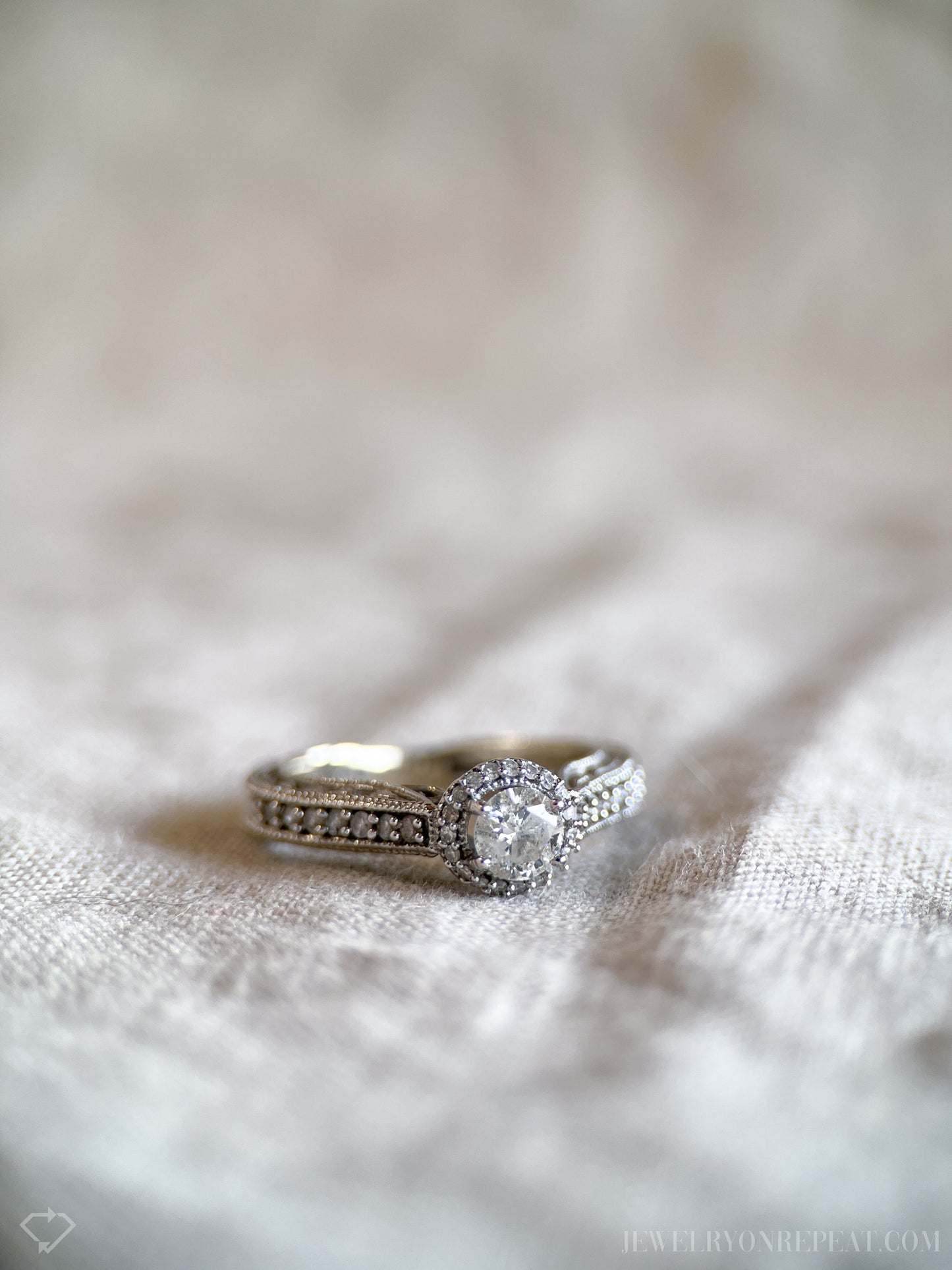 Vintage Diamond Halo Filigree Engagement Ring in 14k White Gold, Retro Jewelry from the 1990s - Timeless, Sustainable, @JewelryOnRepeat