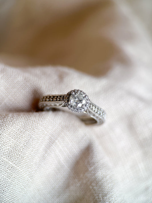 Vintage Diamond Halo Filigree Engagement Ring in 14k White Gold, Retro Jewelry from the 1990s - Timeless, Sustainable, @JewelryOnRepeat
