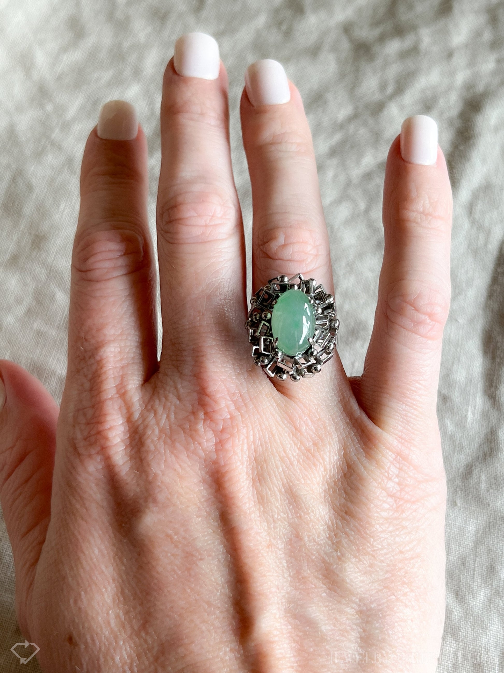 Vintage Green Jade Geometric Gemstone Ring in 14k White Gold