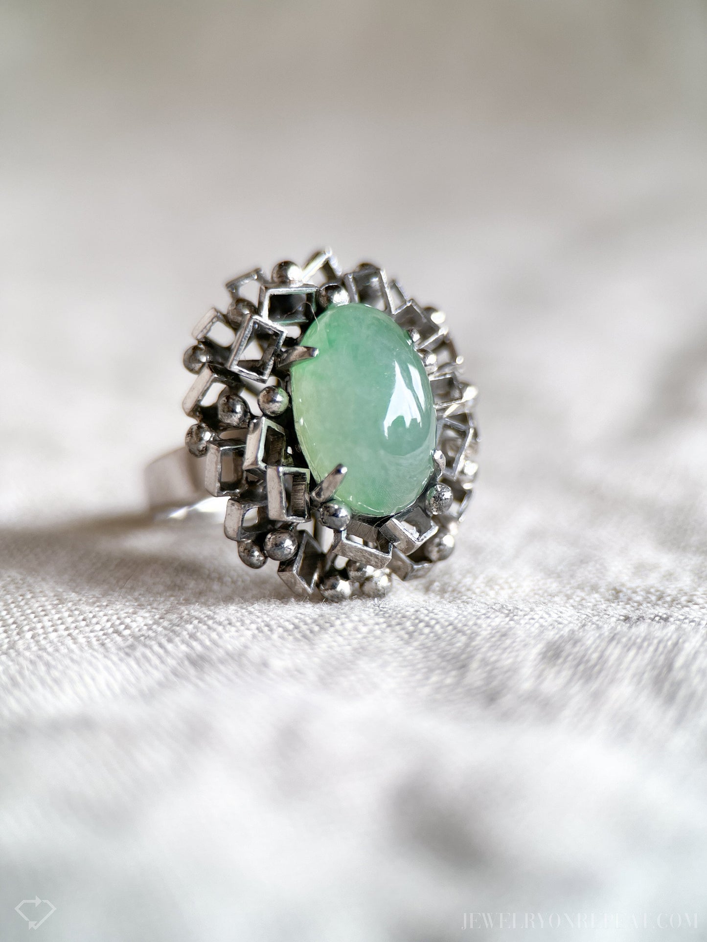 Vintage Green Jade Geometric Gemstone Ring in 14k White Gold