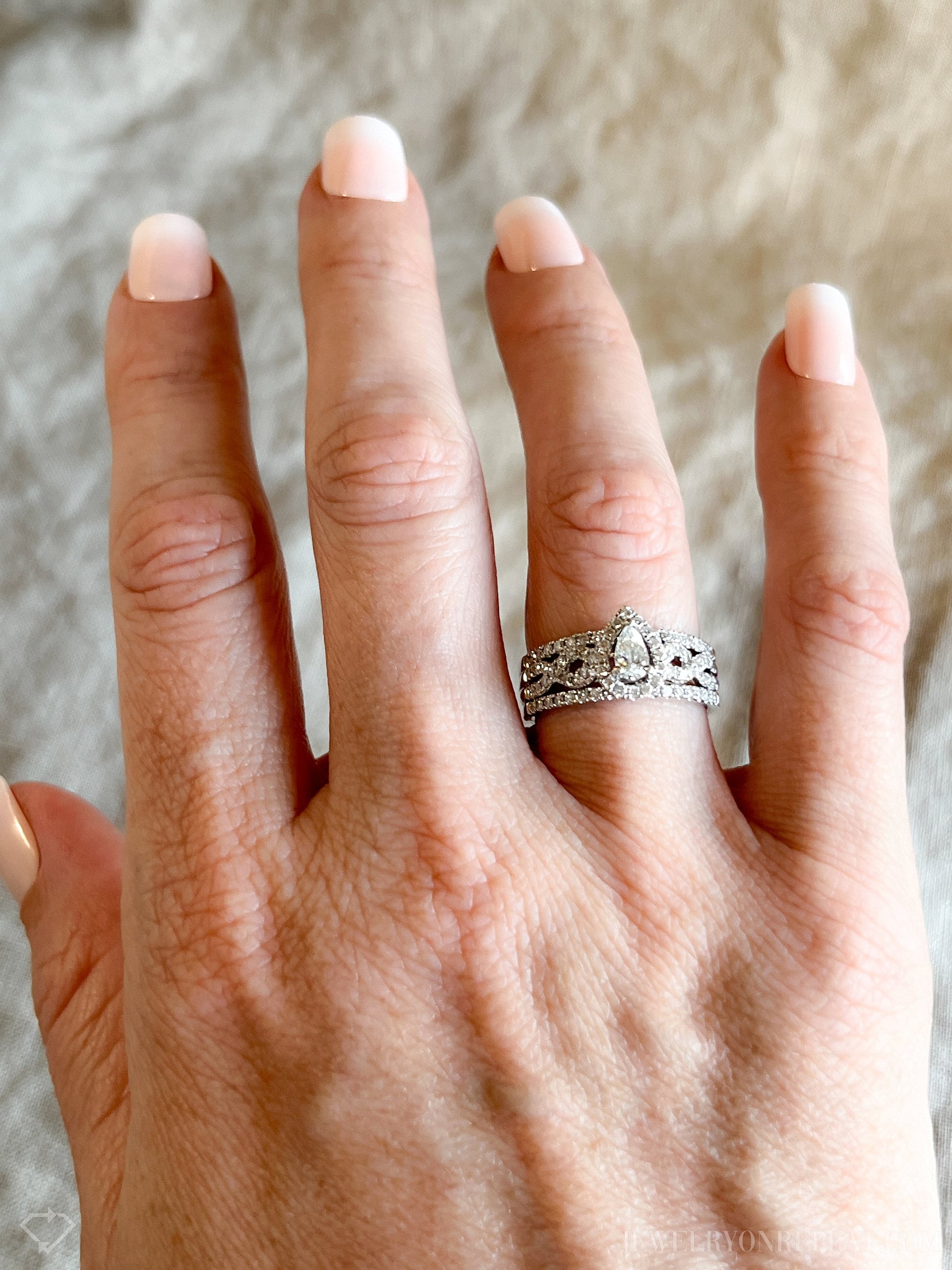 Vintage Bridal Set with Pear Diamond Halo Engagement Ring and Wedding Bands in 14k White Gold - Timeless
