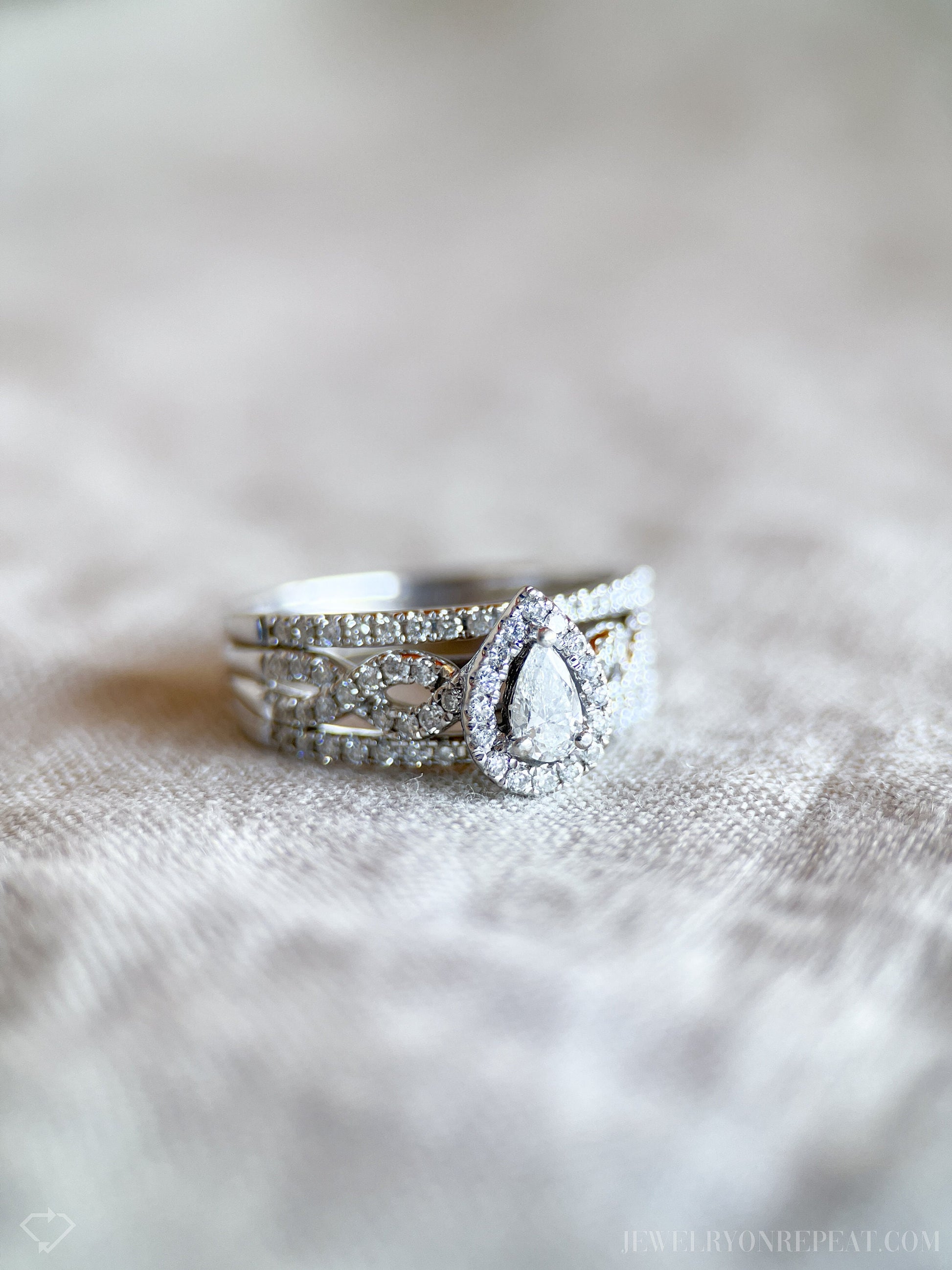 Vintage Pear Cut Diamond Halo Bridal Set in 14k White Gold, Engagement Ring and Wedding Bands - Timeless, Sustainable, @JewelryOnRepeat