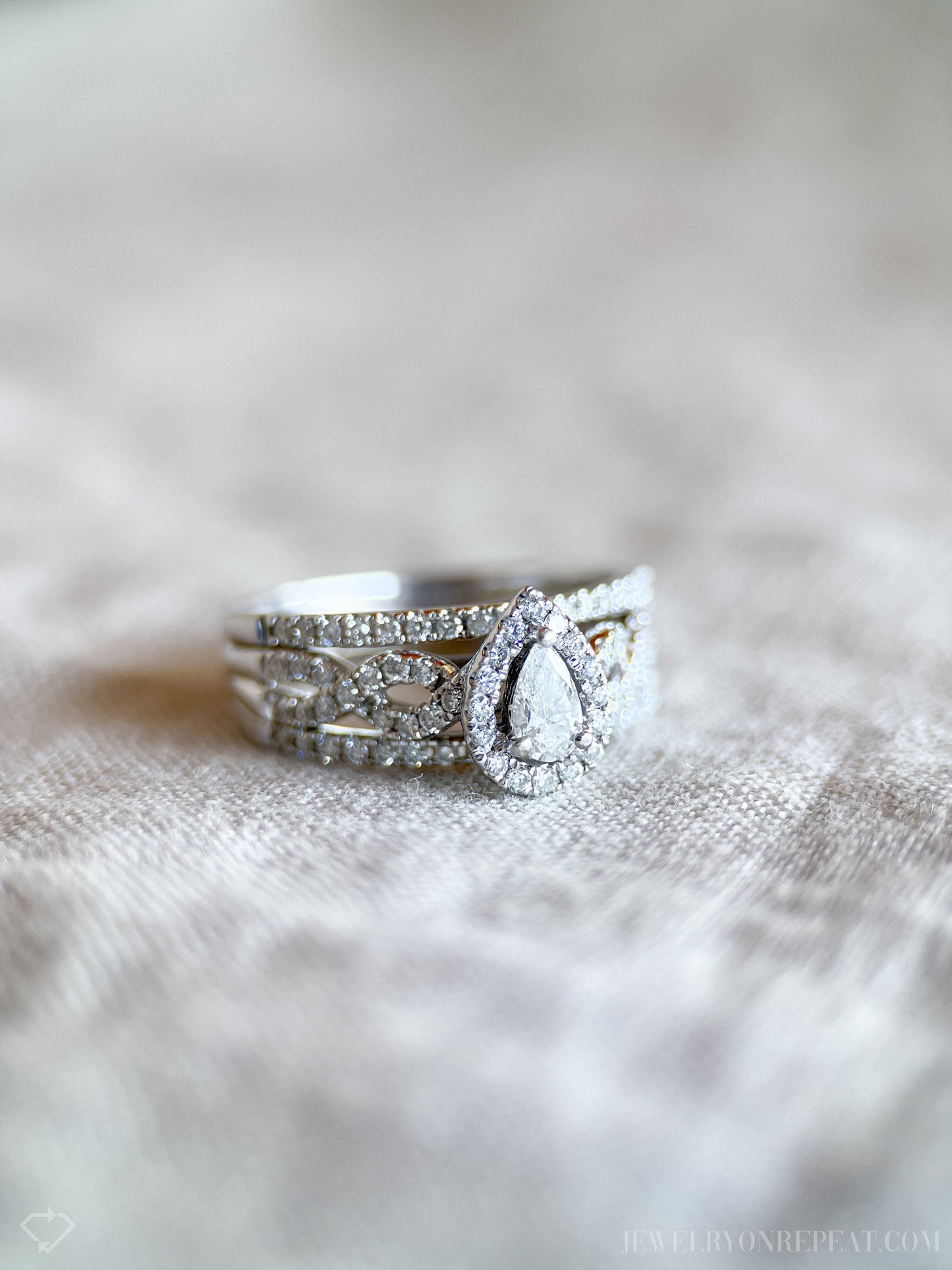 Vintage Bridal Set with Pear Diamond Halo Engagement Ring and Wedding Bands in 14k White Gold - Timeless