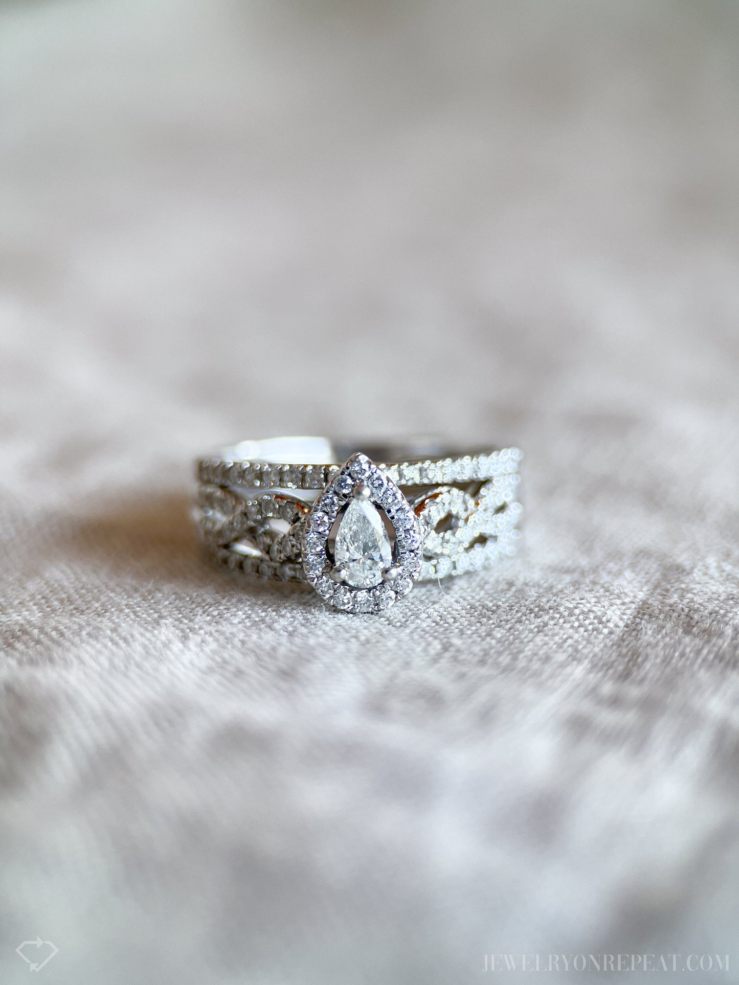 Vintage Bridal Set with Pear Diamond Halo Engagement Ring and Wedding Bands in 14k White Gold - Timeless