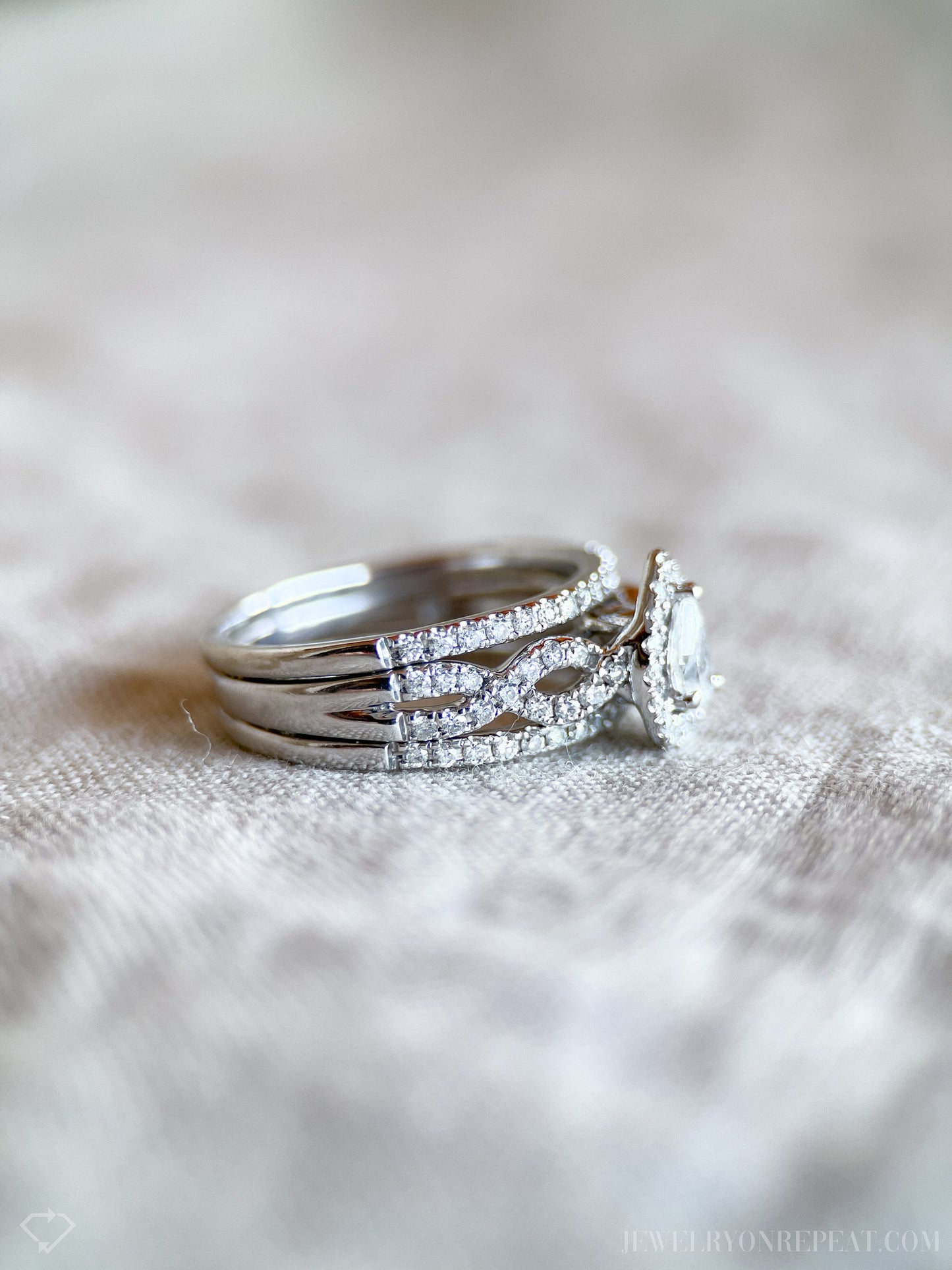 Vintage Bridal Set with Pear Diamond Halo Engagement Ring and Wedding Bands in 14k White Gold - Timeless