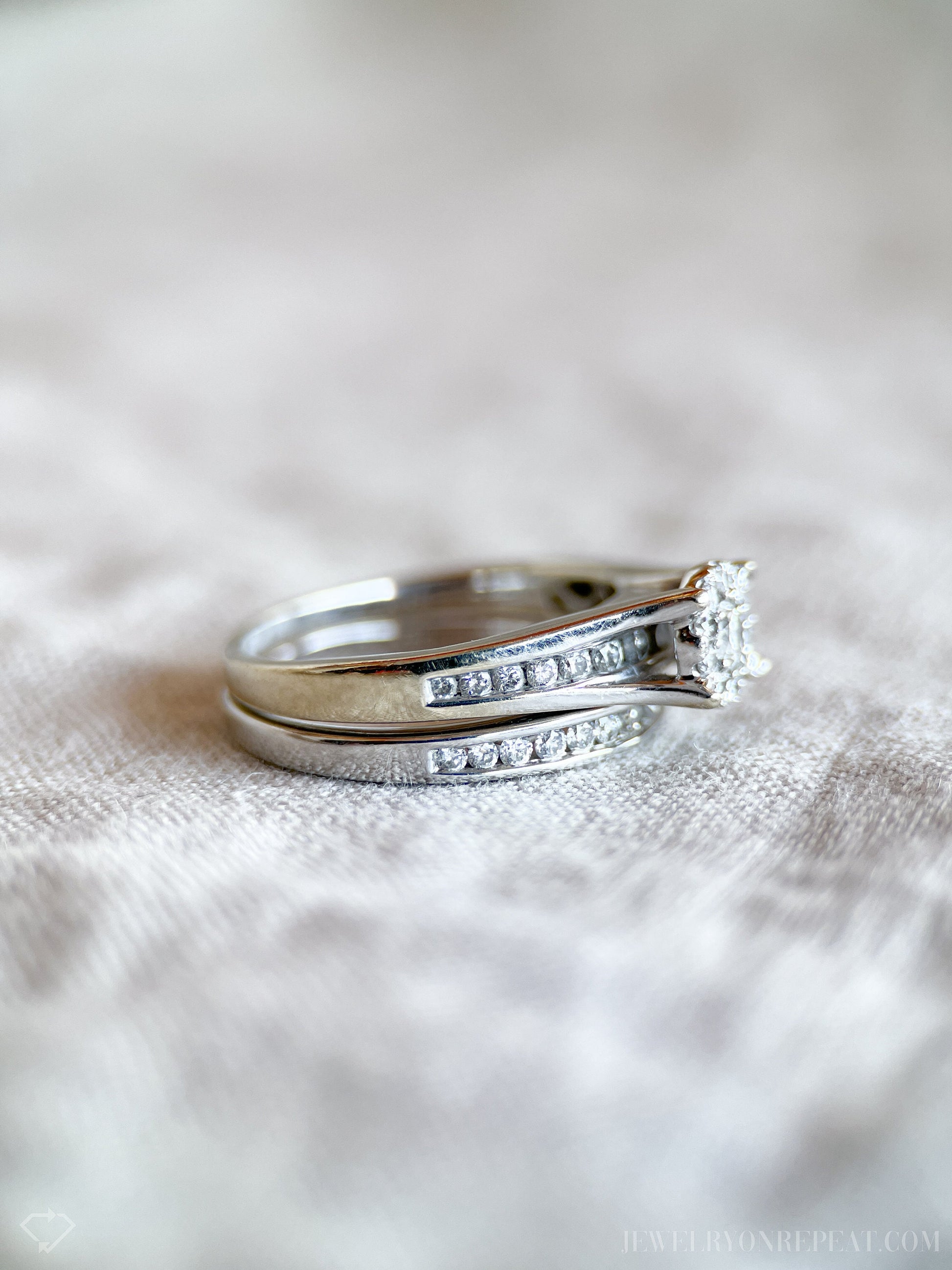Vintage Diamond Halo Bridal Set, Engagement Ring and Wedding Band in 14k White Gold