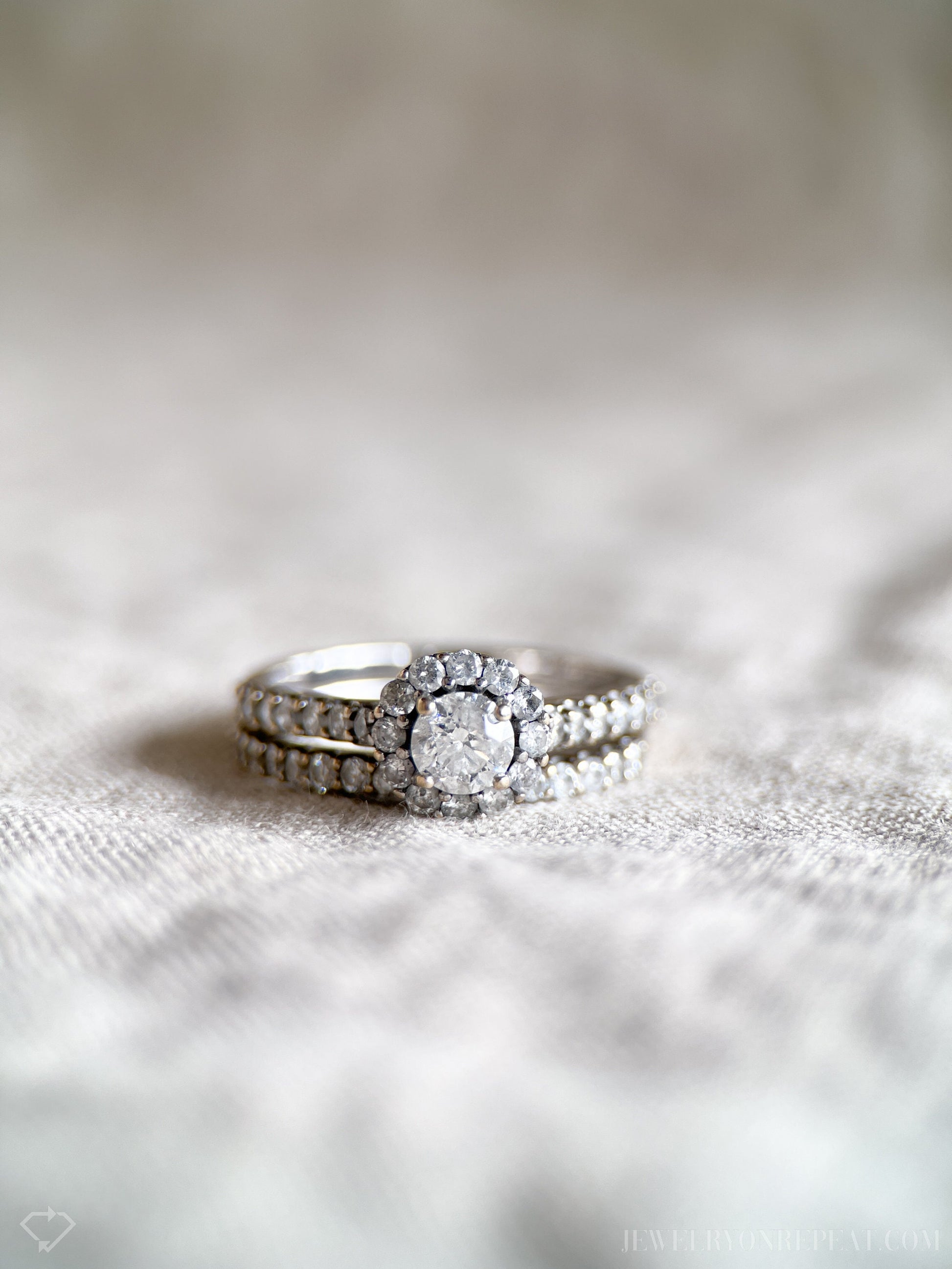 Vintage Diamond Halo Engagement Ring and Wedding Band Set in 14k White Gold, Retro 1990s Jewelry - Timeless, Sustainable, @JewelryOnRepeat