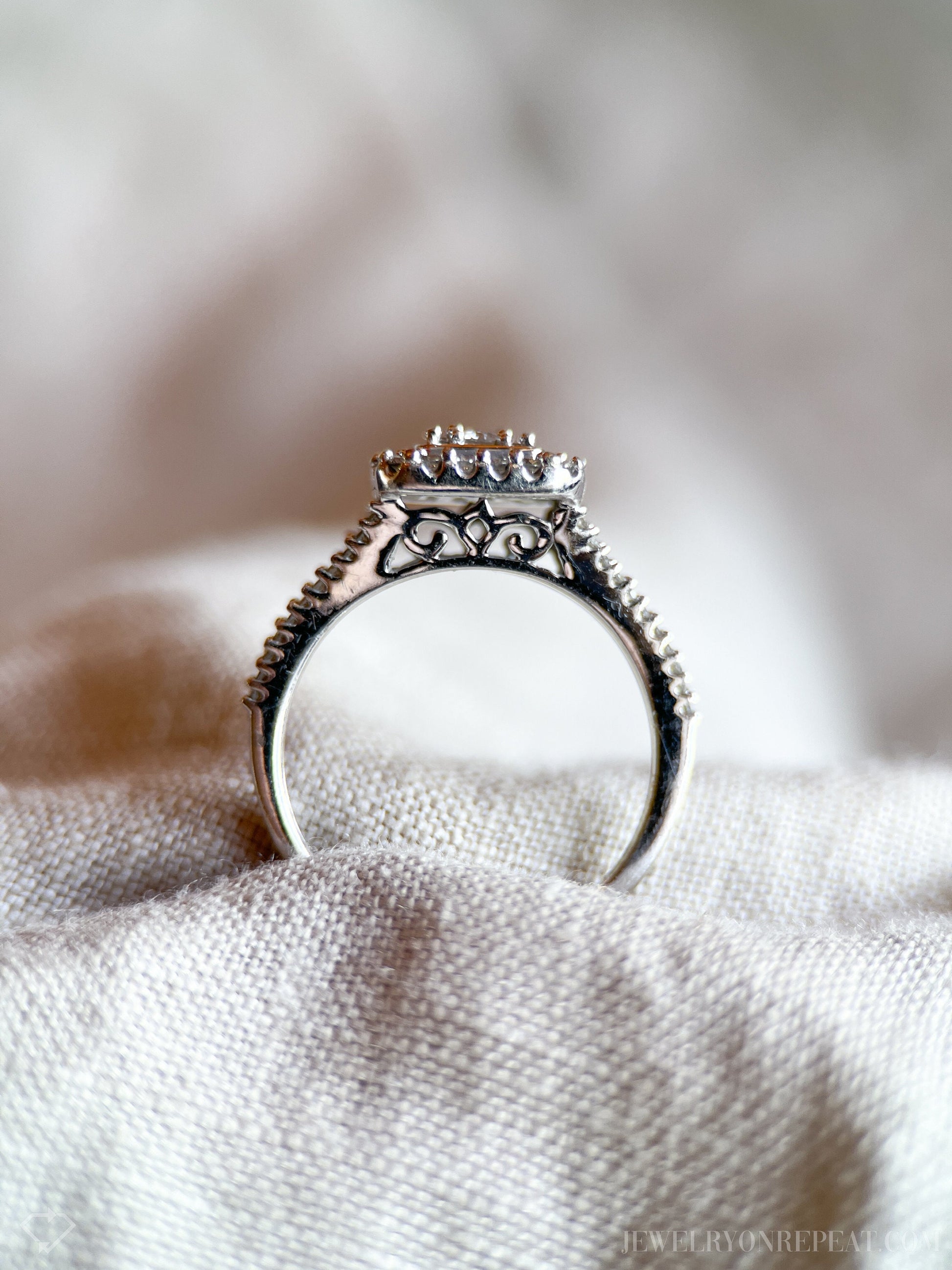 Vintage Diamond Halo Engagement Ring in 10k White Gold, Retro Jewelry from the 1990s - Timeless, Sustainable, @JewelryOnRepeat