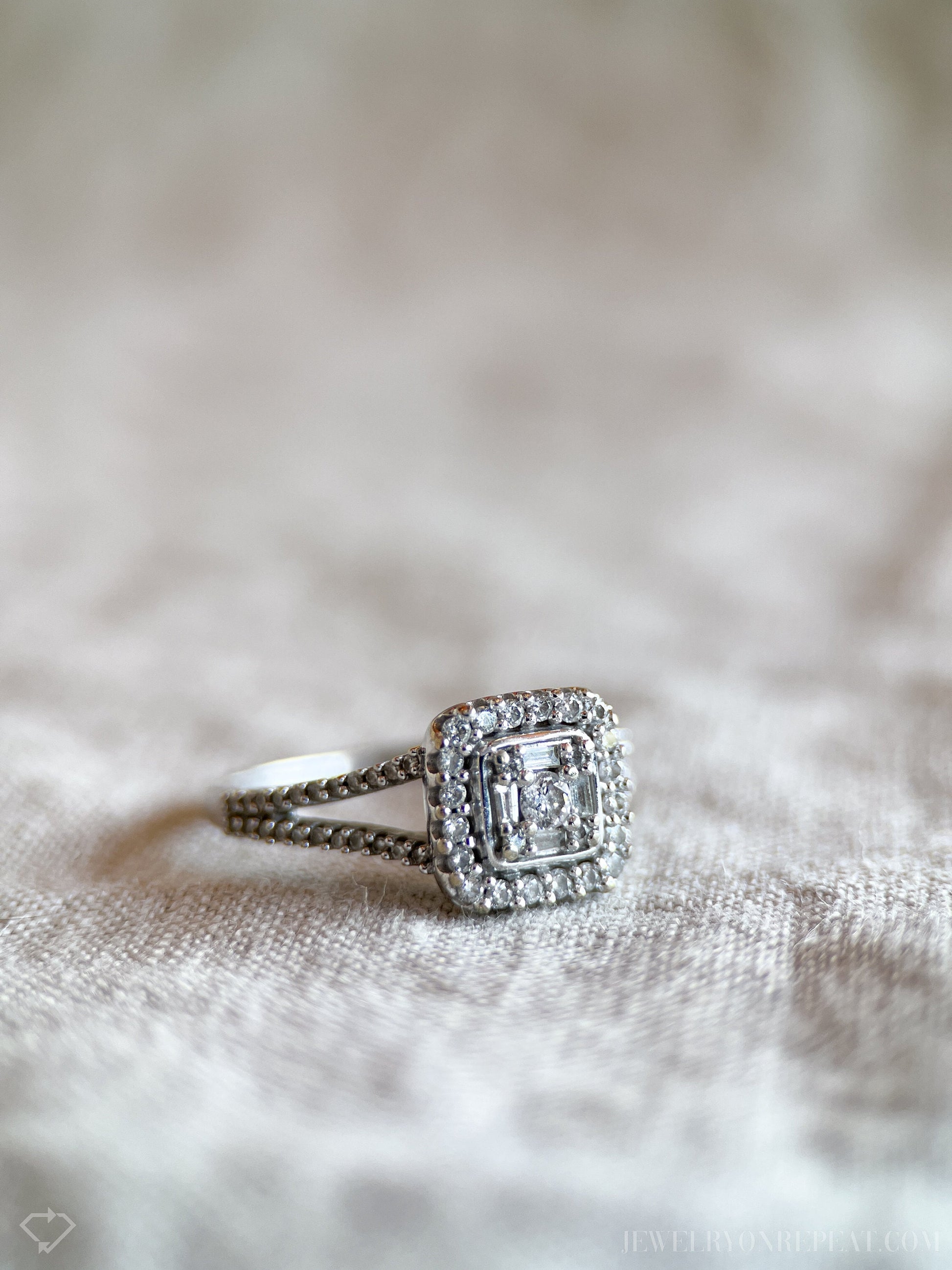 Vintage Diamond Halo Engagement Ring in 10k White Gold, Retro Jewelry from the 1990s - Timeless, Sustainable, @JewelryOnRepeat