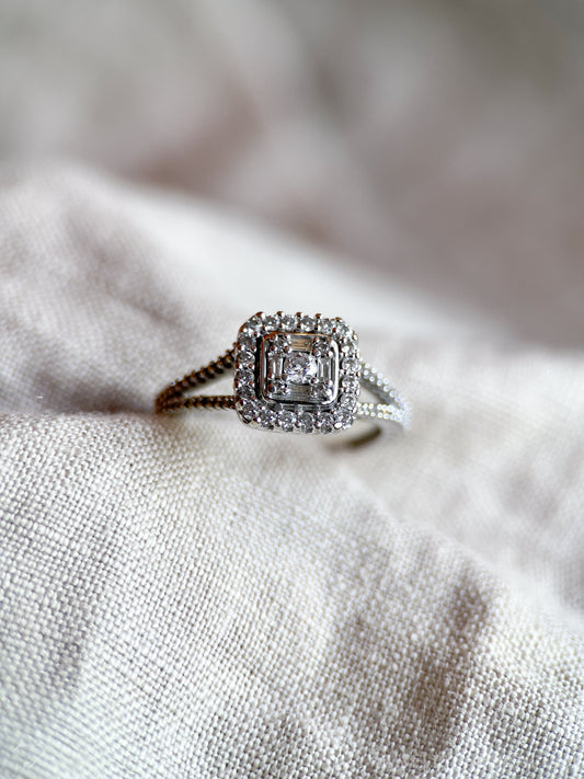 Vintage Diamond Halo Engagement Ring in 10k White Gold, Retro Jewelry from the 1990s - Timeless, Sustainable, @JewelryOnRepeat