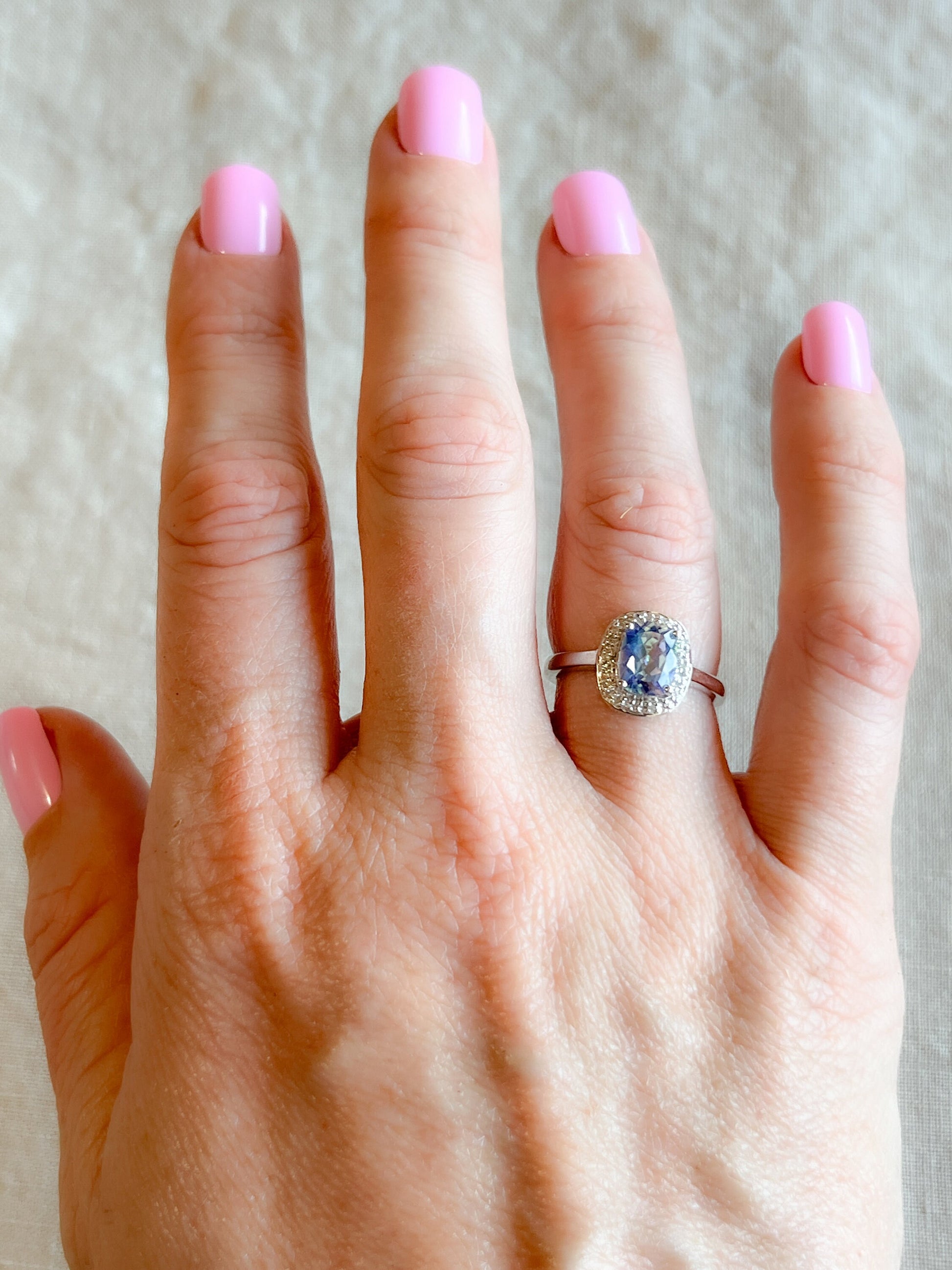 Vintage Mystic Topaz Gemstone Halo Ring in 14k White Gold, Retro Jewelry from the 1990s - Timeless, Sustainable, @JewelryOnRepeat