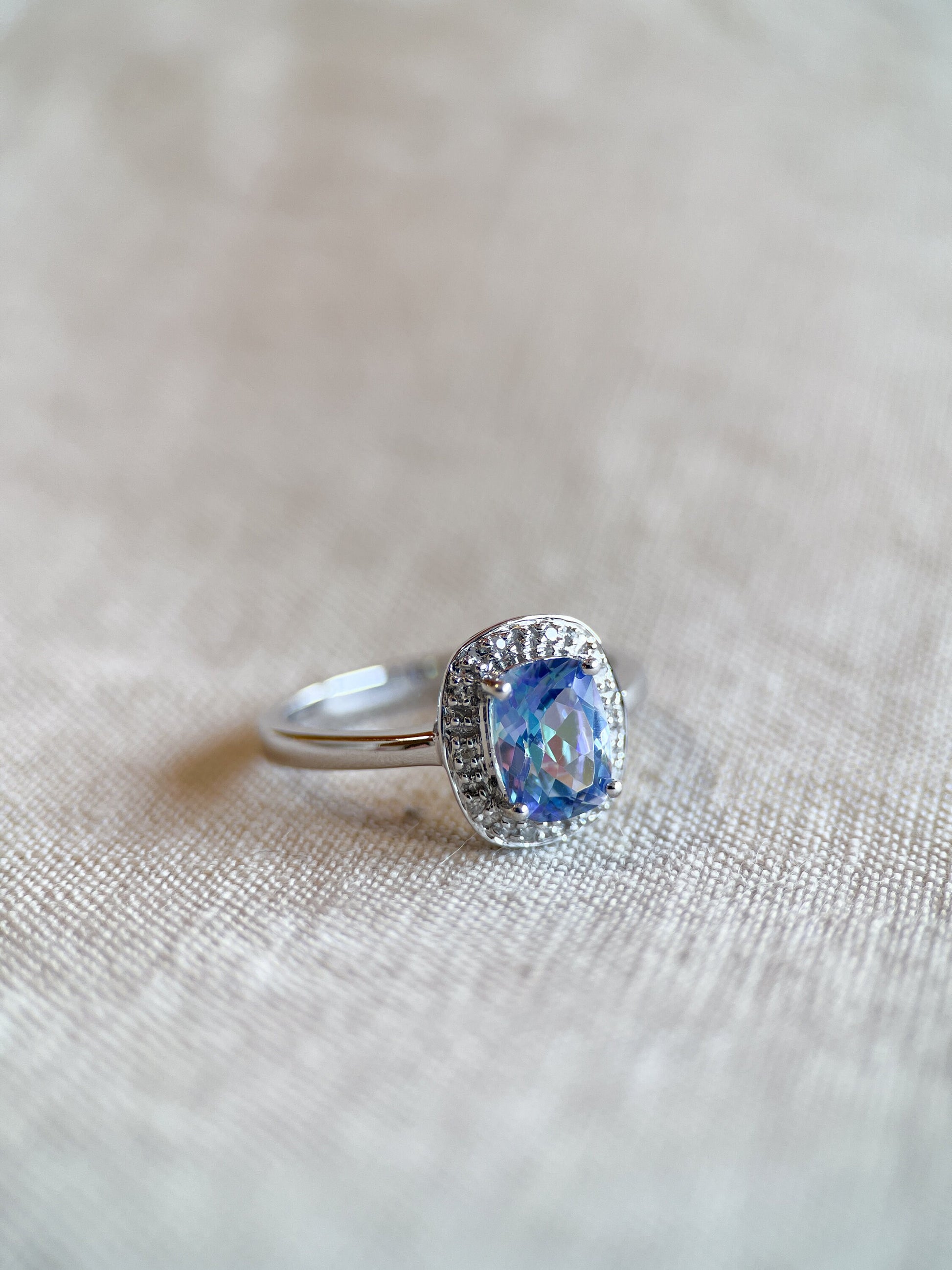 Vintage Mystic Topaz Gemstone Halo Ring in 14k White Gold, Retro Jewelry from the 1990s - Timeless, Sustainable, @JewelryOnRepeat