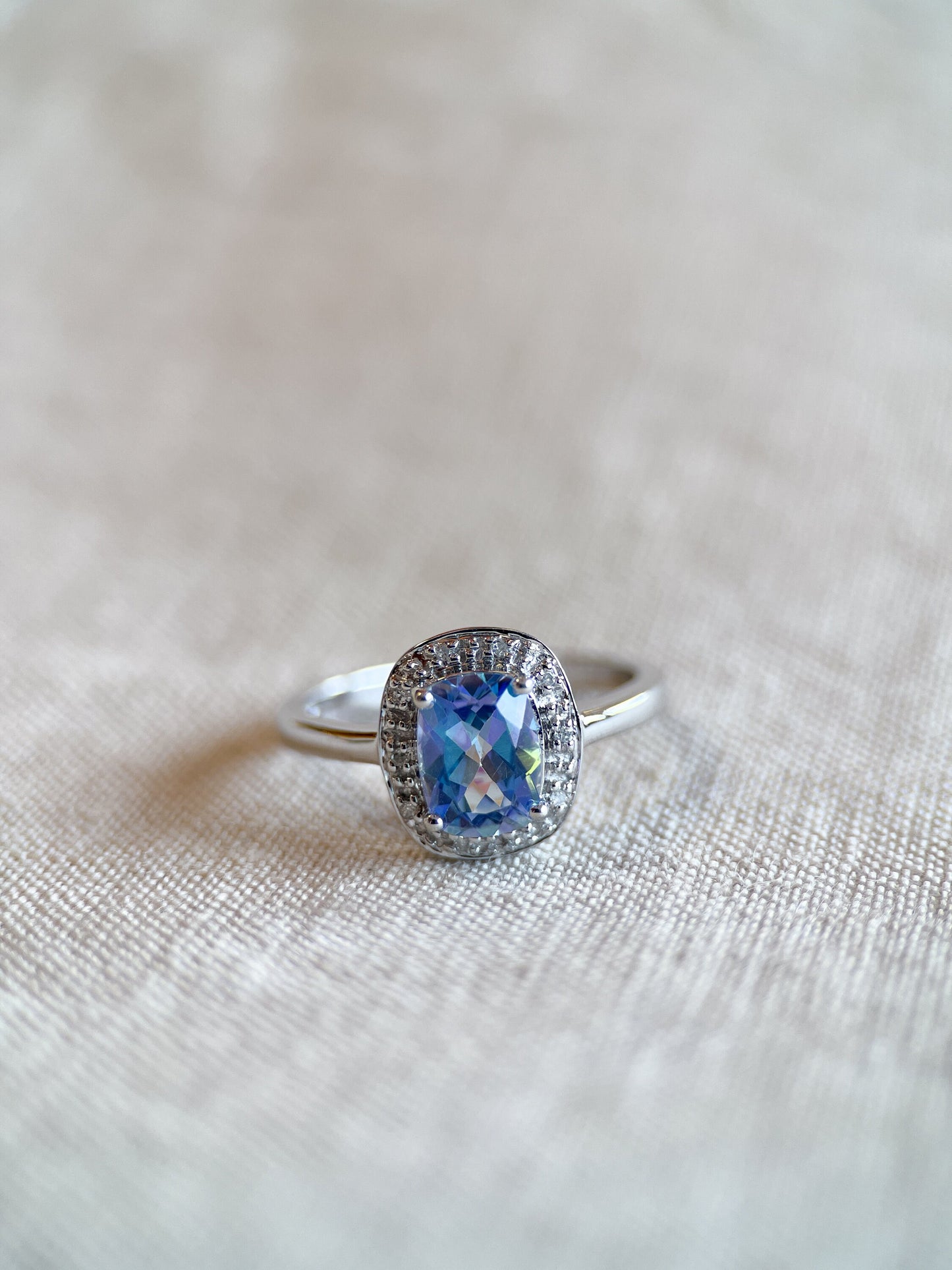 Vintage Mystic Topaz Gemstone Halo Ring in 14k White Gold, Retro Jewelry from the 1990s - Timeless, Sustainable, @JewelryOnRepeat