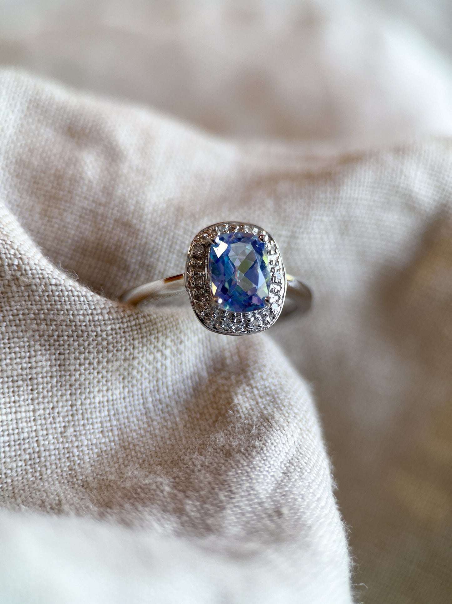 Vintage Mystic Topaz Gemstone Halo Ring in 14k White Gold, Retro Jewelry from the 1990s - Timeless, Sustainable, @JewelryOnRepeat