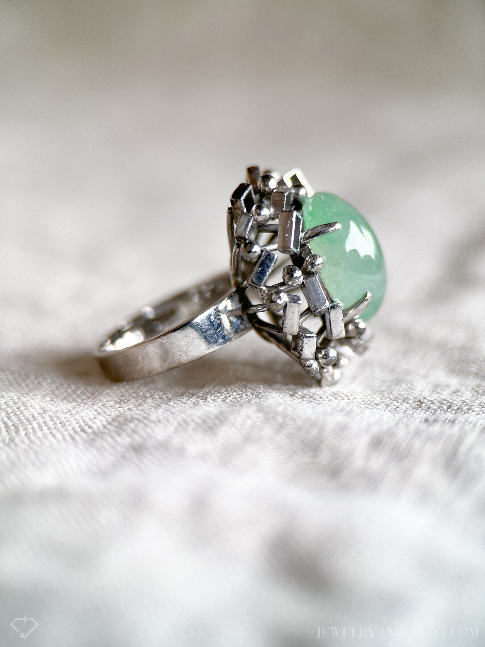 Vintage Green Jade Geometric Gemstone Ring in 14k White Gold