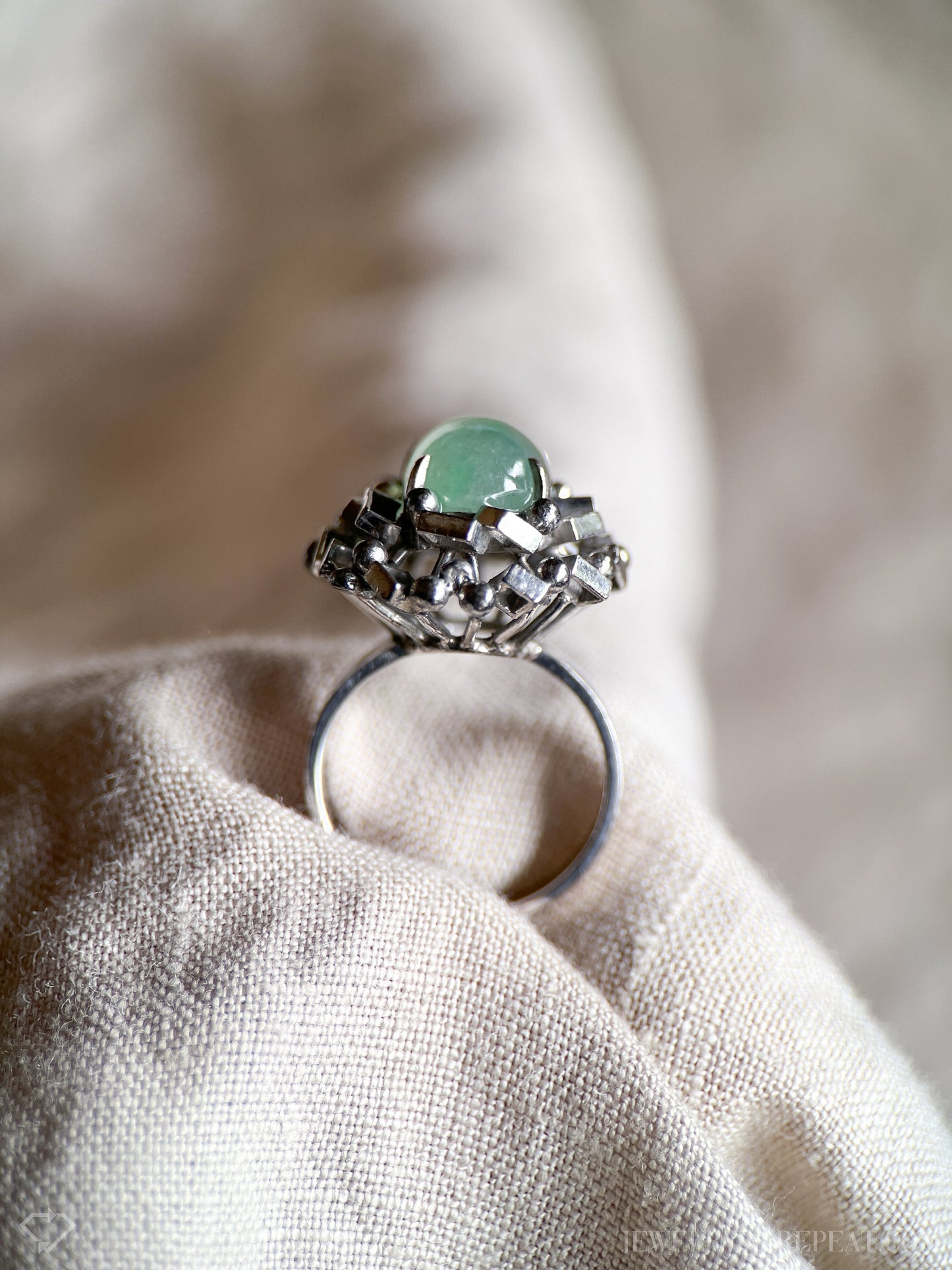 Vintage Green Jade Geometric Gemstone Ring in 14k White Gold