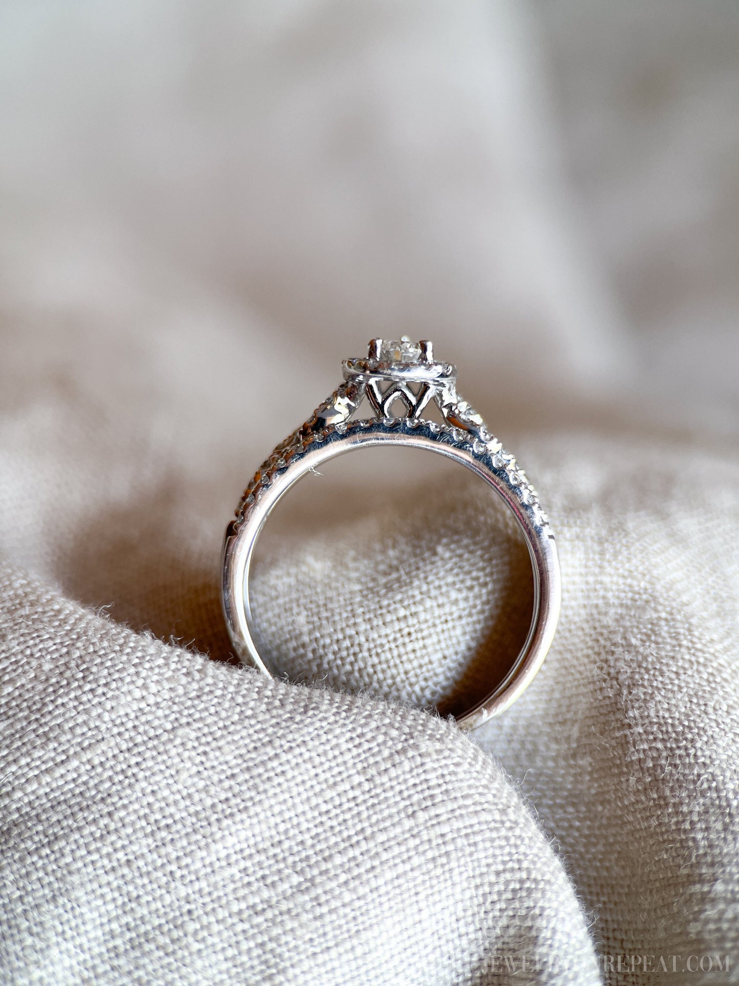 Vintage Pear Cut Diamond Halo Bridal Set in 14k White Gold, Engagement Ring and Wedding Bands - Timeless, Sustainable, @JewelryOnRepeat
