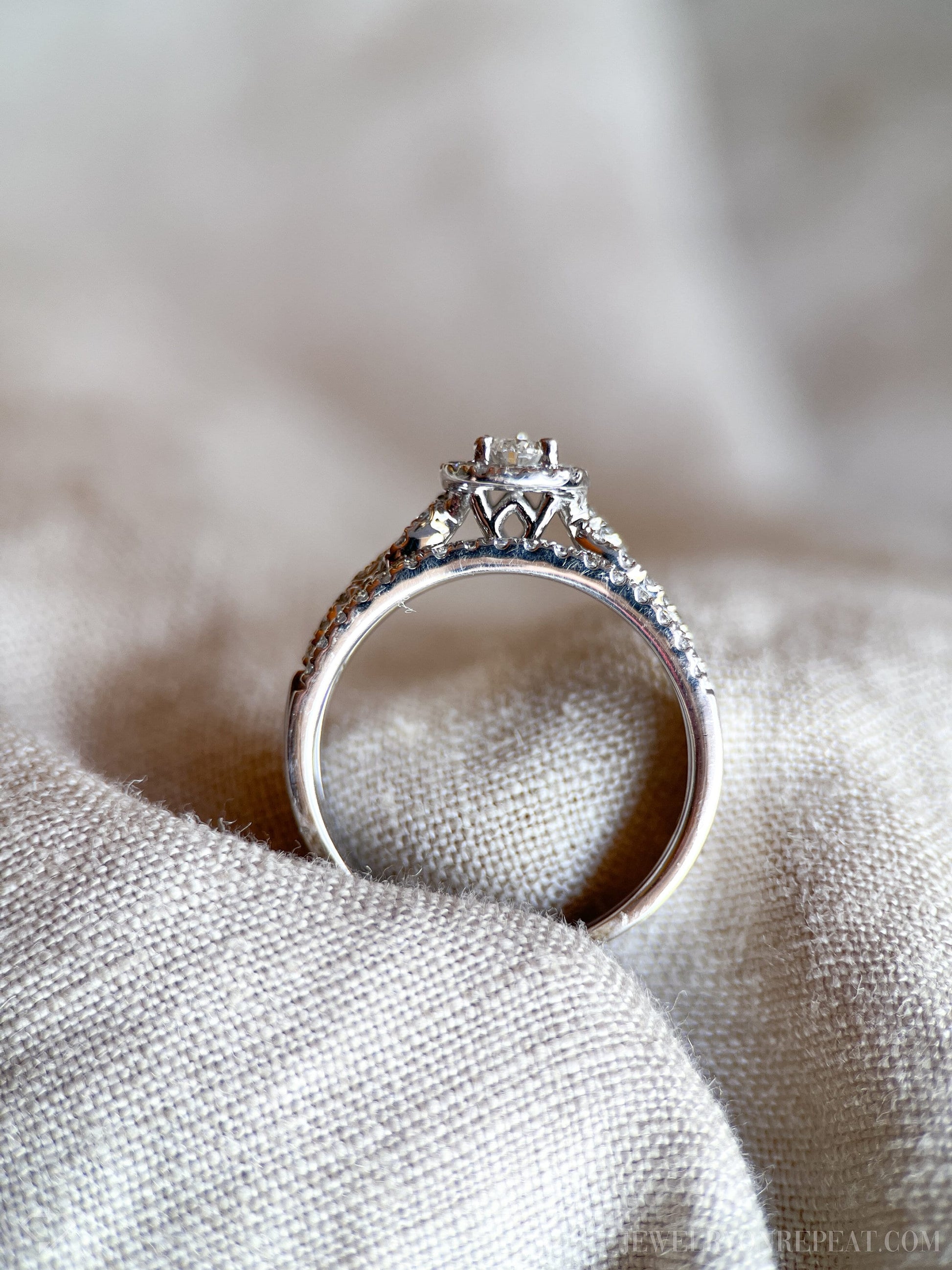 Vintage Bridal Set with Pear Diamond Halo Engagement Ring and Wedding Bands in 14k White Gold - Timeless