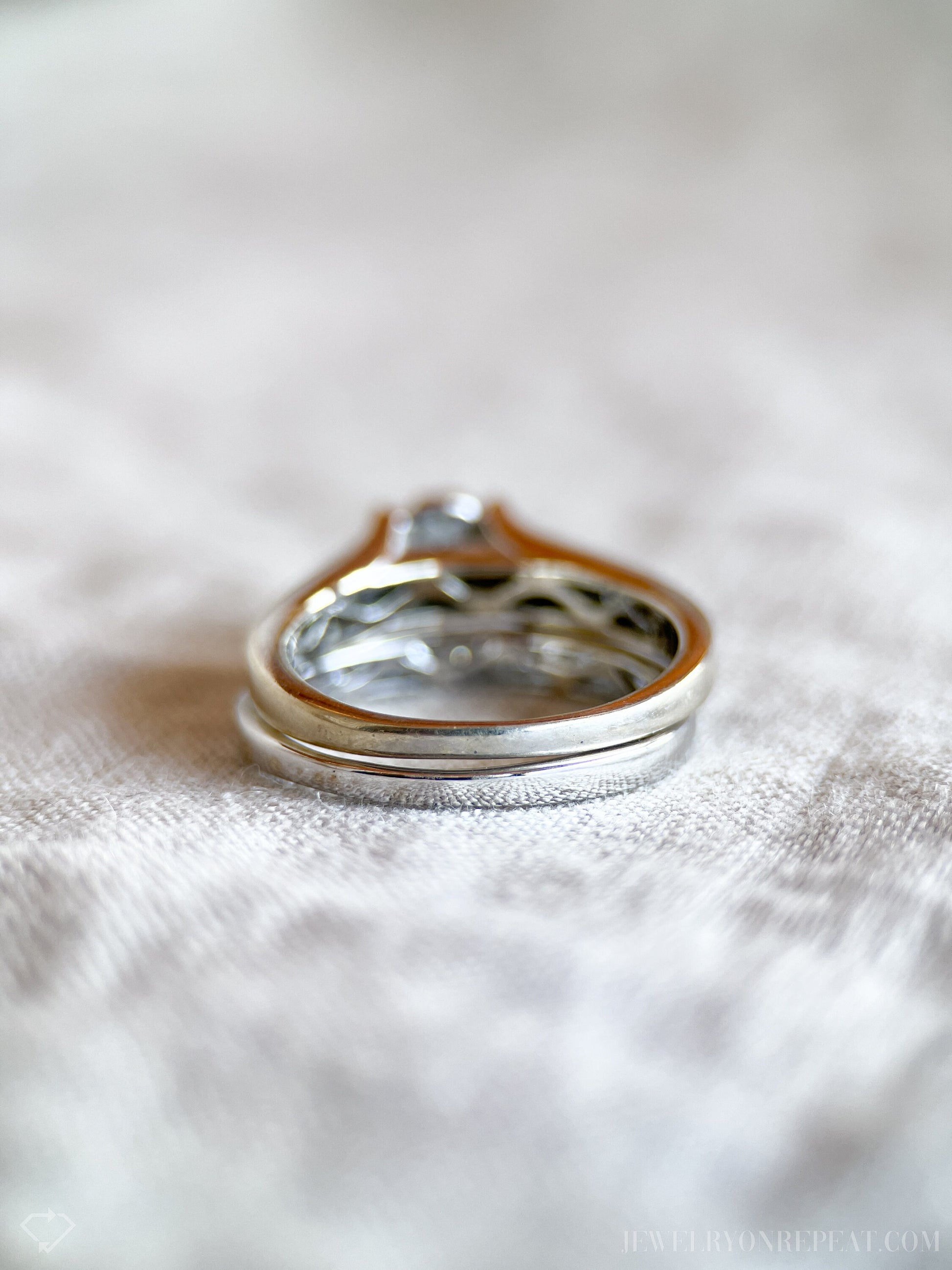 Vintage Diamond Halo Bridal Set, Engagement Ring and Wedding Band in 14k White Gold