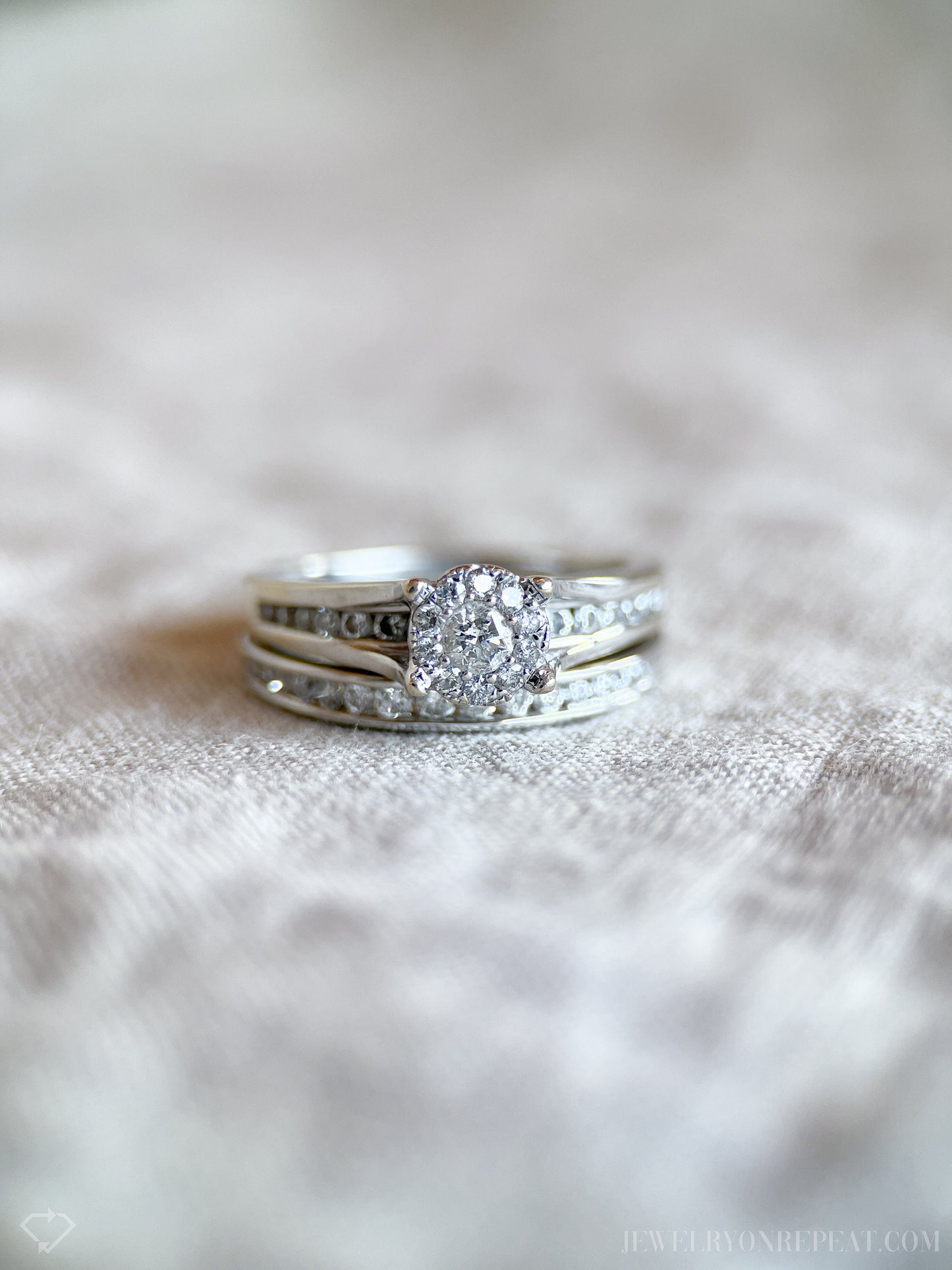 Vintage Diamond Halo Bridal Set, Engagement Ring and Wedding Band in 14k White Gold