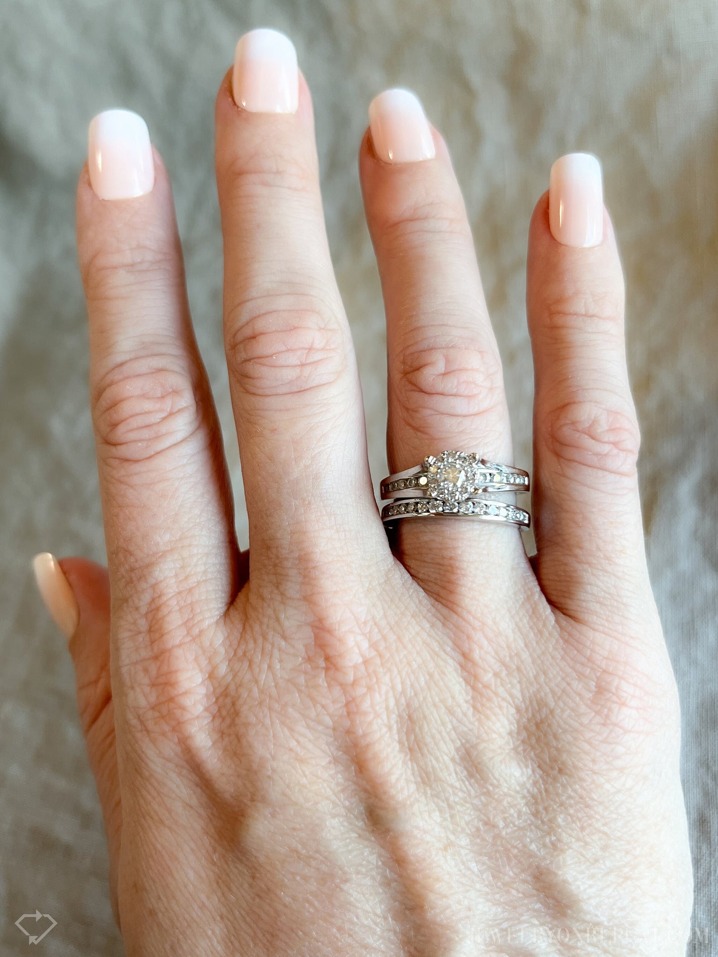 Vintage Diamond Halo Bridal Set, Engagement Ring and Wedding Band in 14k White Gold
