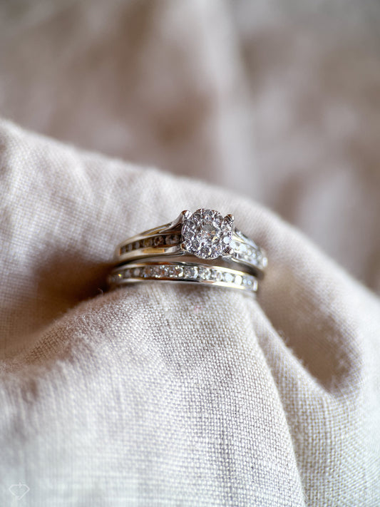 Vintage Diamond Halo Bridal Set, Engagement Ring and Wedding Band in 14k White Gold