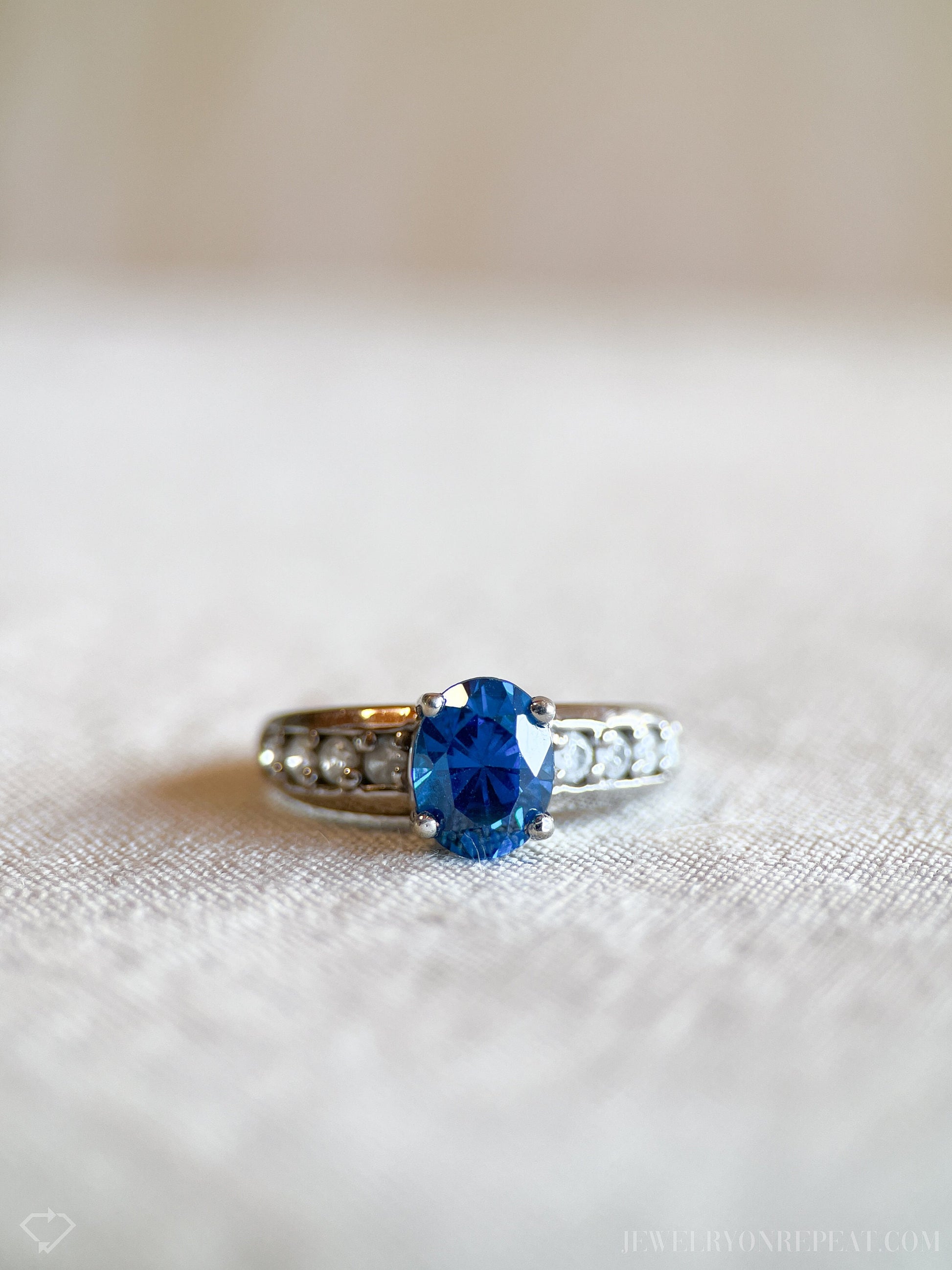 Vintage Oval Cut Blue Topaz Gemstone and Diamond Ring in 14k White Gold, Retro 1990s Jewelry - Timeless, Sustainable, @JewelryOnRepeat