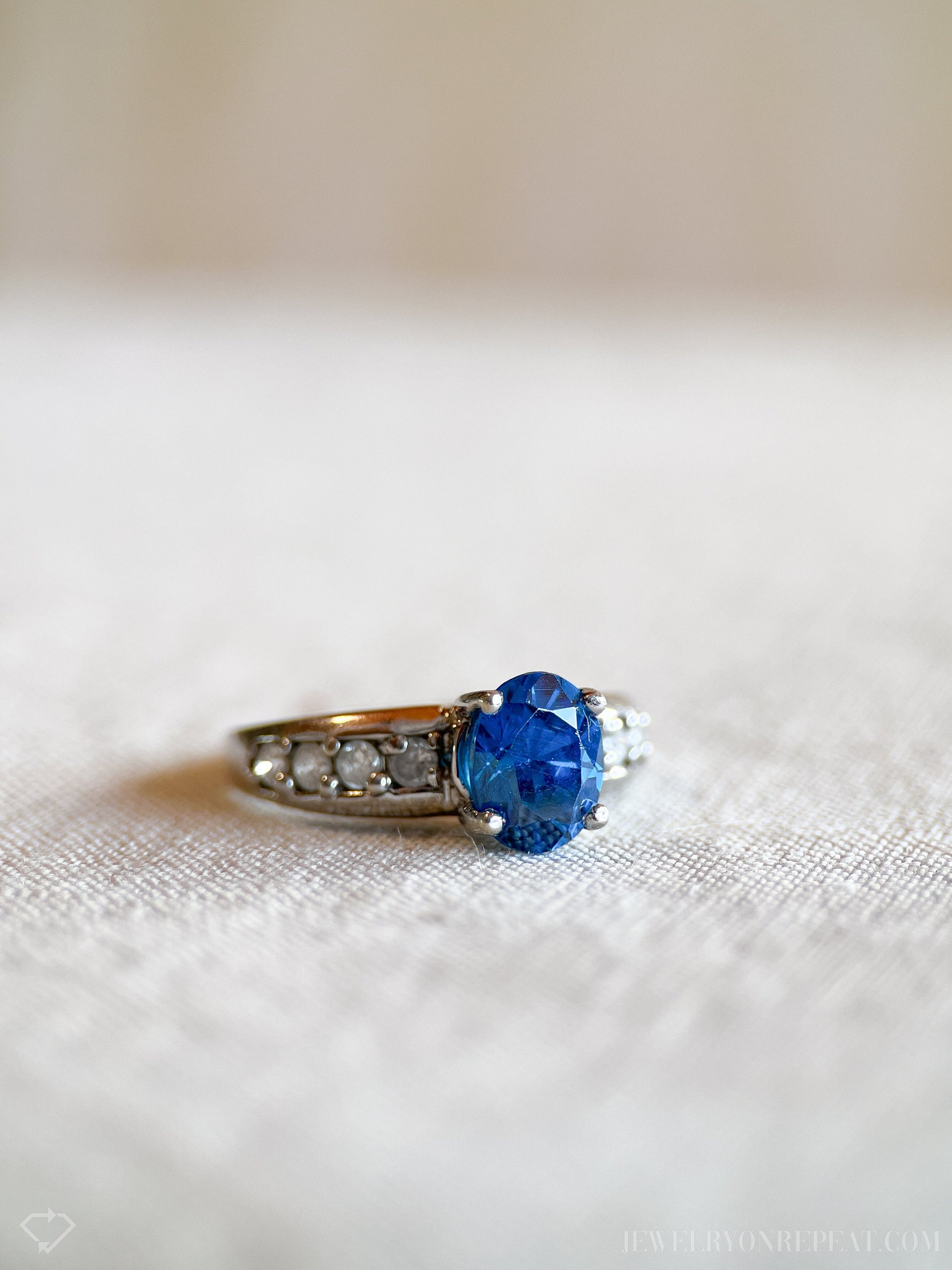 Vintage Oval Cut Blue Topaz Gemstone and Diamond Ring in 14k White Gold, Retro 1990s Jewelry - Timeless, Sustainable, @JewelryOnRepeat