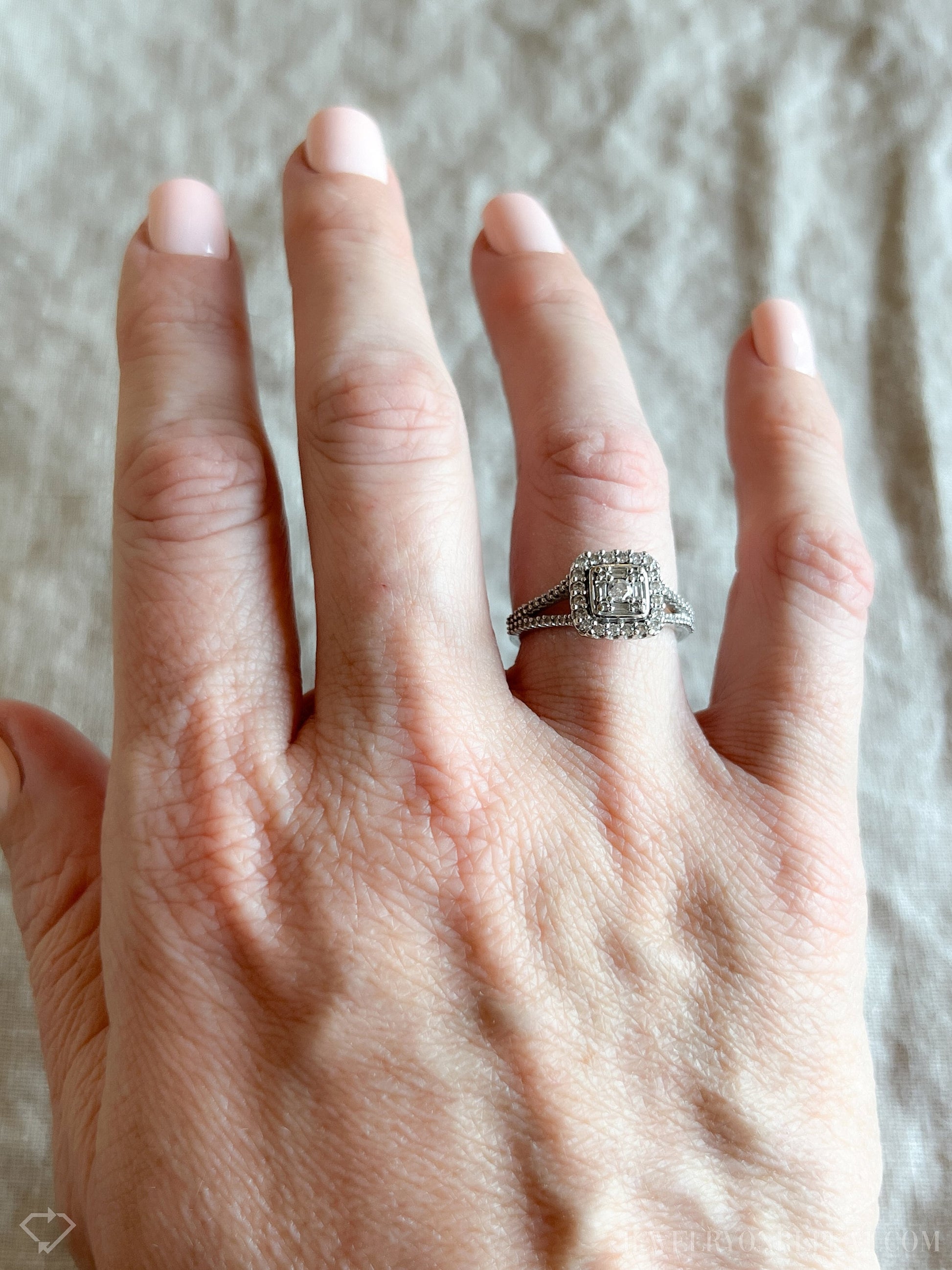 Vintage Diamond Halo Engagement Ring in 10k White Gold, Retro Jewelry from the 1990s - Timeless, Sustainable, @JewelryOnRepeat
