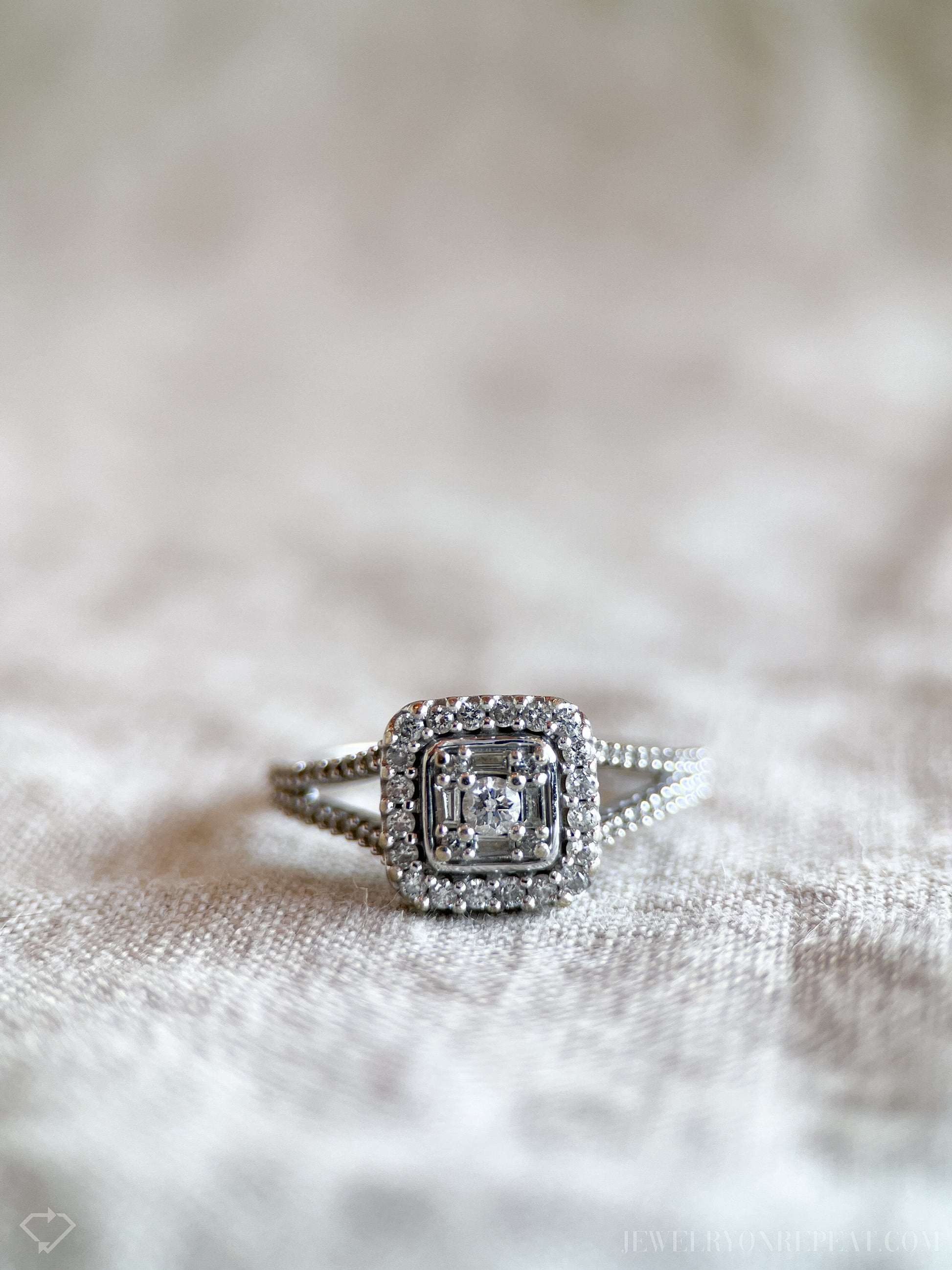 Vintage Diamond Halo Engagement Ring in 10k White Gold, Retro Jewelry from the 1990s - Timeless, Sustainable, @JewelryOnRepeat
