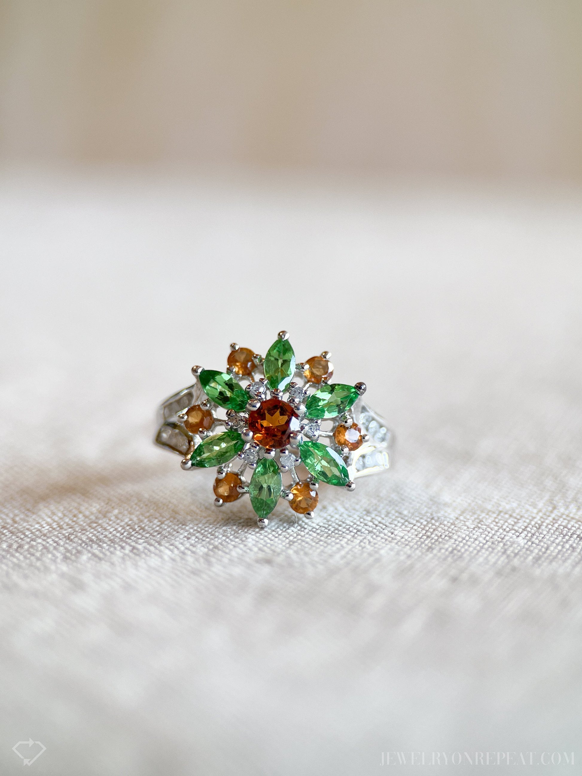 Vintage Green and Orange Garnet Floral Gemstone Ring in 14k White Gold, Retro 1990s Jewelry - Timeless, Sustainable, @JewelryOnRepeat