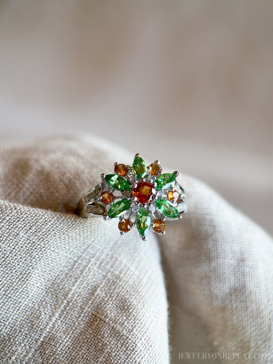 Vintage Green and Orange Garnet Floral Gemstone Ring in 14k White Gold, Retro 1990s Jewelry - Timeless, Sustainable, @JewelryOnRepeat
