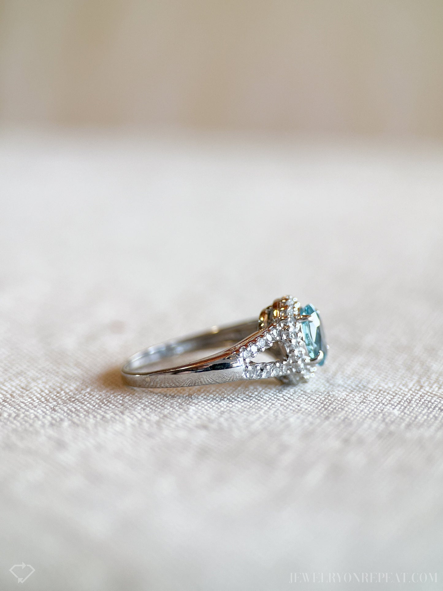 Vintage Oval Cut Blue Topaz Diamond Halo Ring in 10k White Gold, Retro Jewelry from the 1990s - Timeless, Sustainable, @JewelryOnRepeat