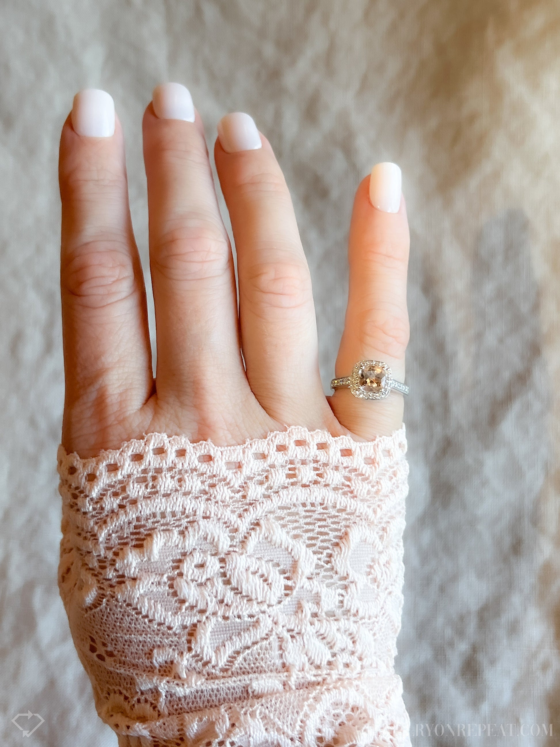 Vintage Morganite Halo Engagement Ring in 14k White Gold, Retro Jewelry from the 1990s - Timeless, Sustainable, @JewelryOnRepeat