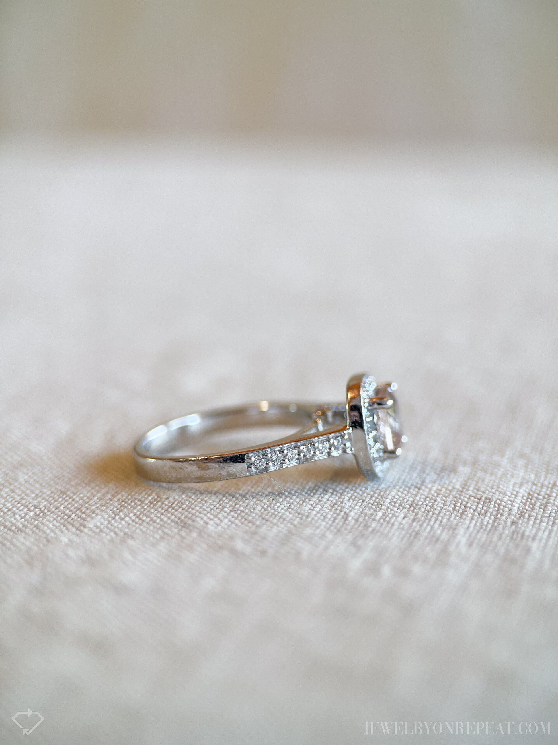 Vintage Morganite Halo Engagement Ring in 14k White Gold, Retro Jewelry from the 1990s - Timeless, Sustainable, @JewelryOnRepeat
