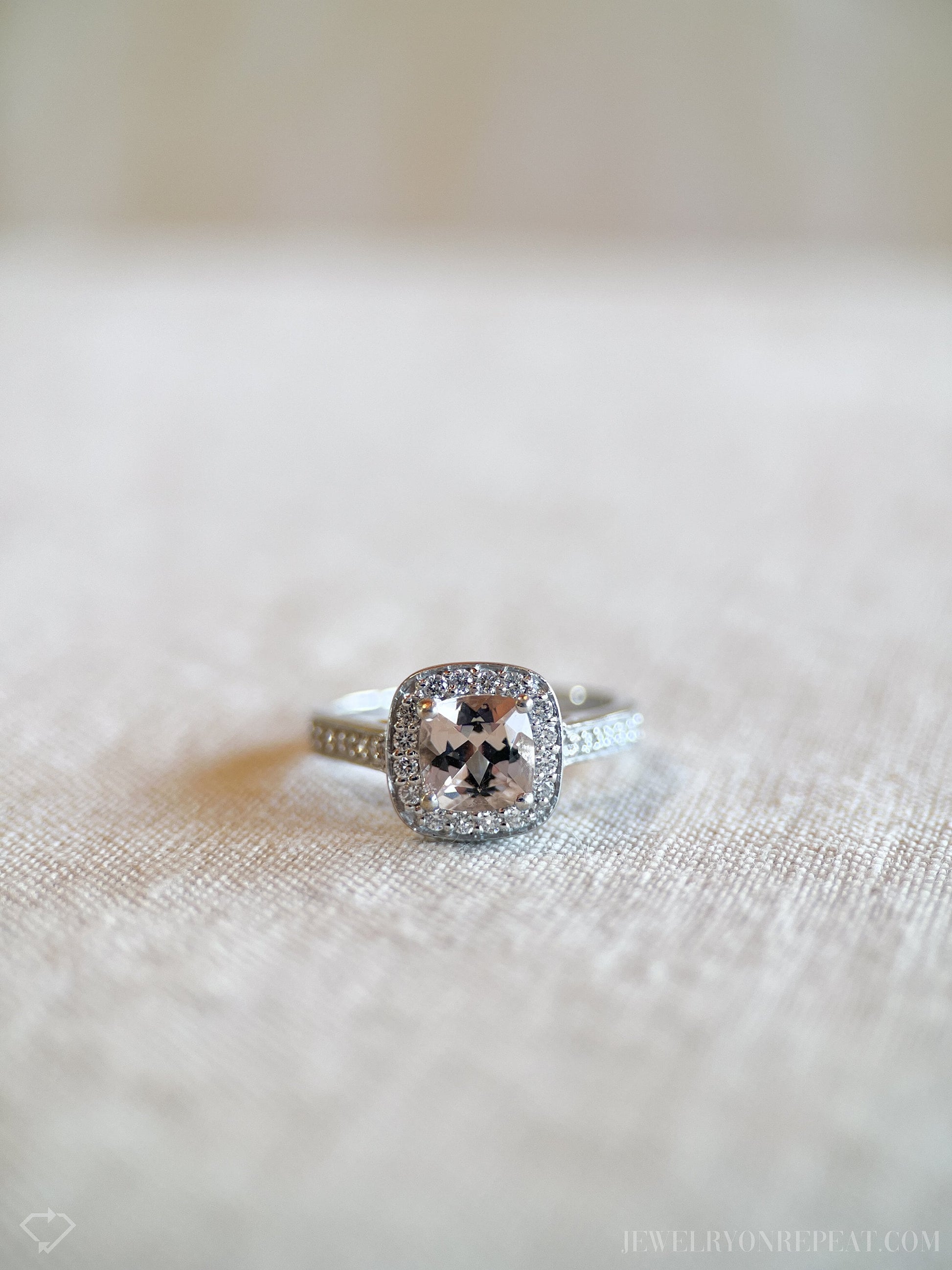 Vintage Morganite Halo Engagement Ring in 14k White Gold, Retro Jewelry from the 1990s - Timeless, Sustainable, @JewelryOnRepeat