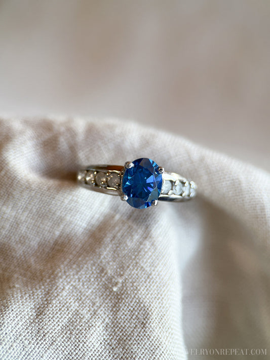 Vintage Oval Cut Blue Topaz Gemstone and Diamond Ring in 14k White Gold, Retro 1990s Jewelry - Timeless, Sustainable, @JewelryOnRepeat