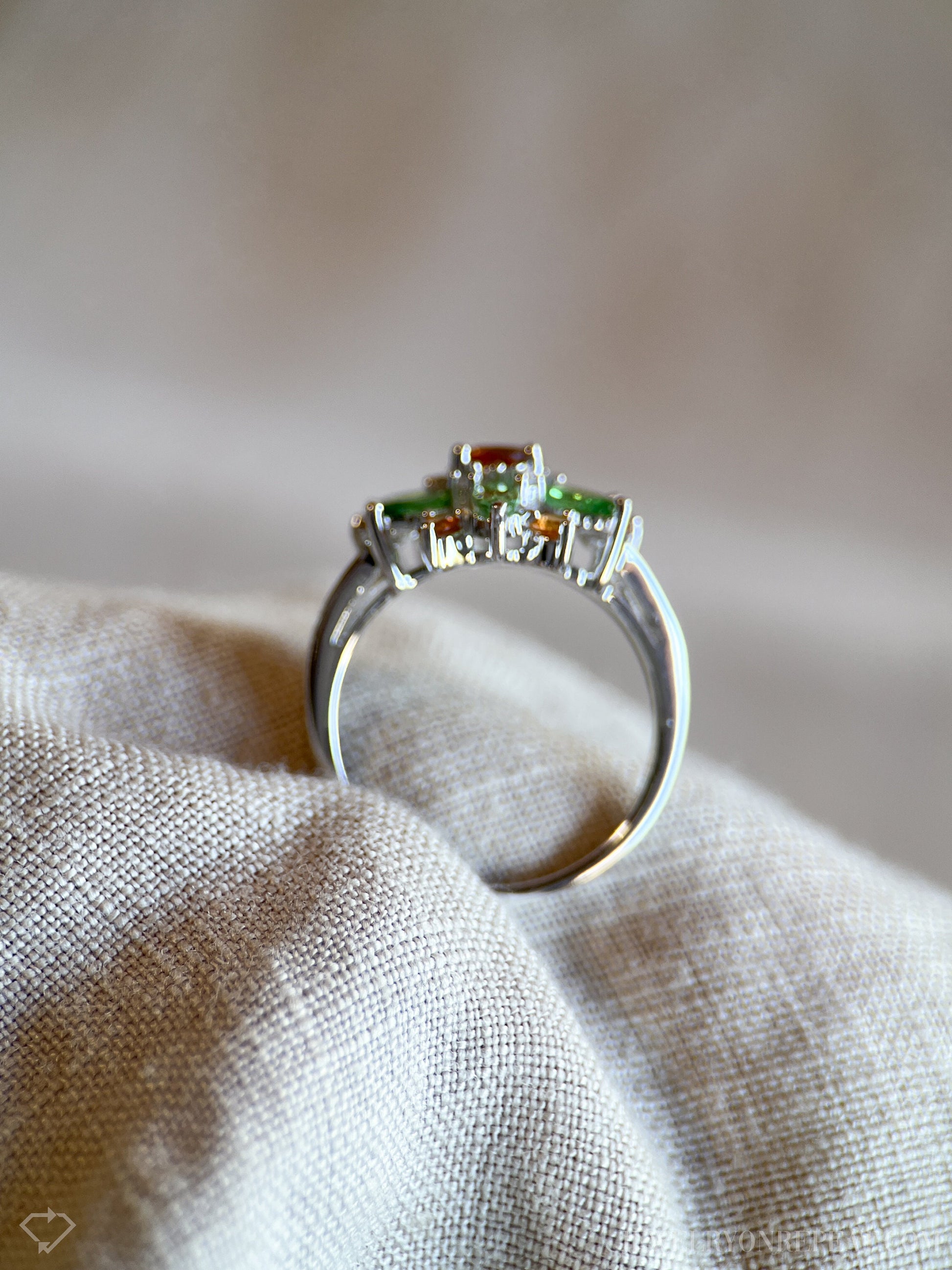 Vintage Green and Orange Garnet Floral Gemstone Ring in 14k White Gold, Retro 1990s Jewelry - Timeless, Sustainable, @JewelryOnRepeat