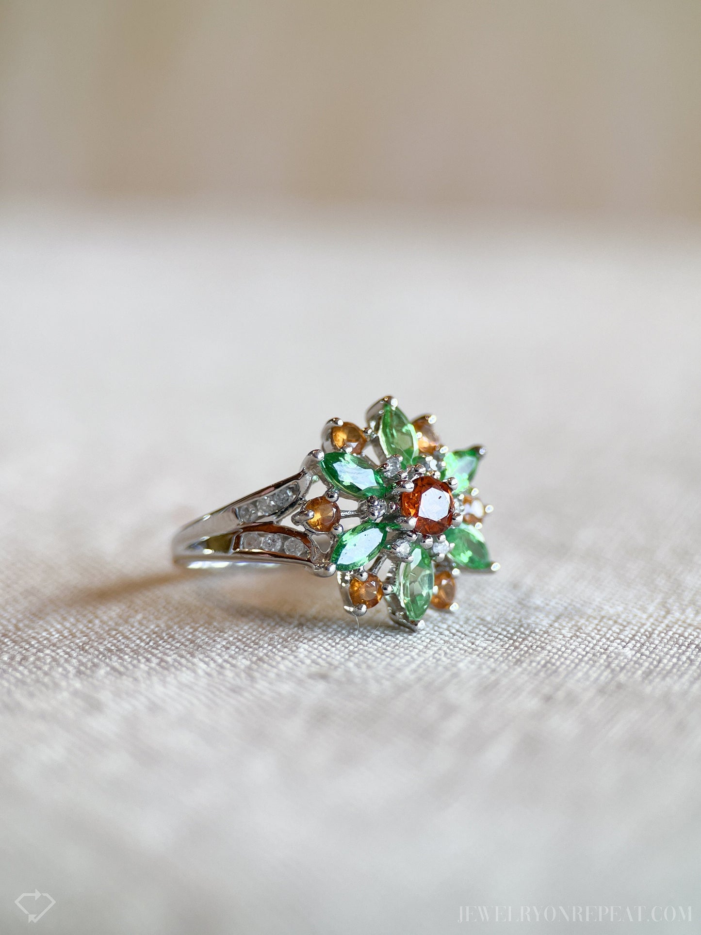Vintage Green and Orange Garnet Floral Gemstone Ring in 14k White Gold, Retro 1990s Jewelry - Timeless, Sustainable, @JewelryOnRepeat