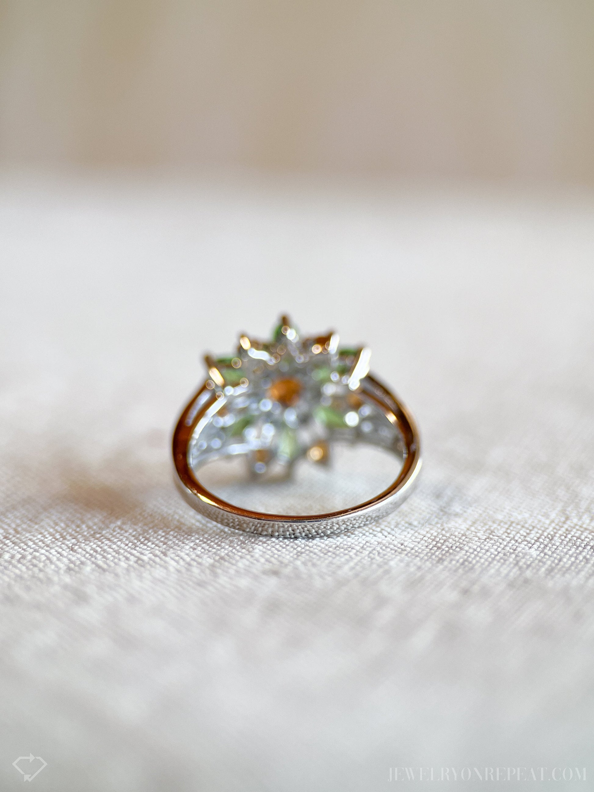 Vintage Green and Orange Garnet Floral Gemstone Ring in 14k White Gold, Retro 1990s Jewelry - Timeless, Sustainable, @JewelryOnRepeat