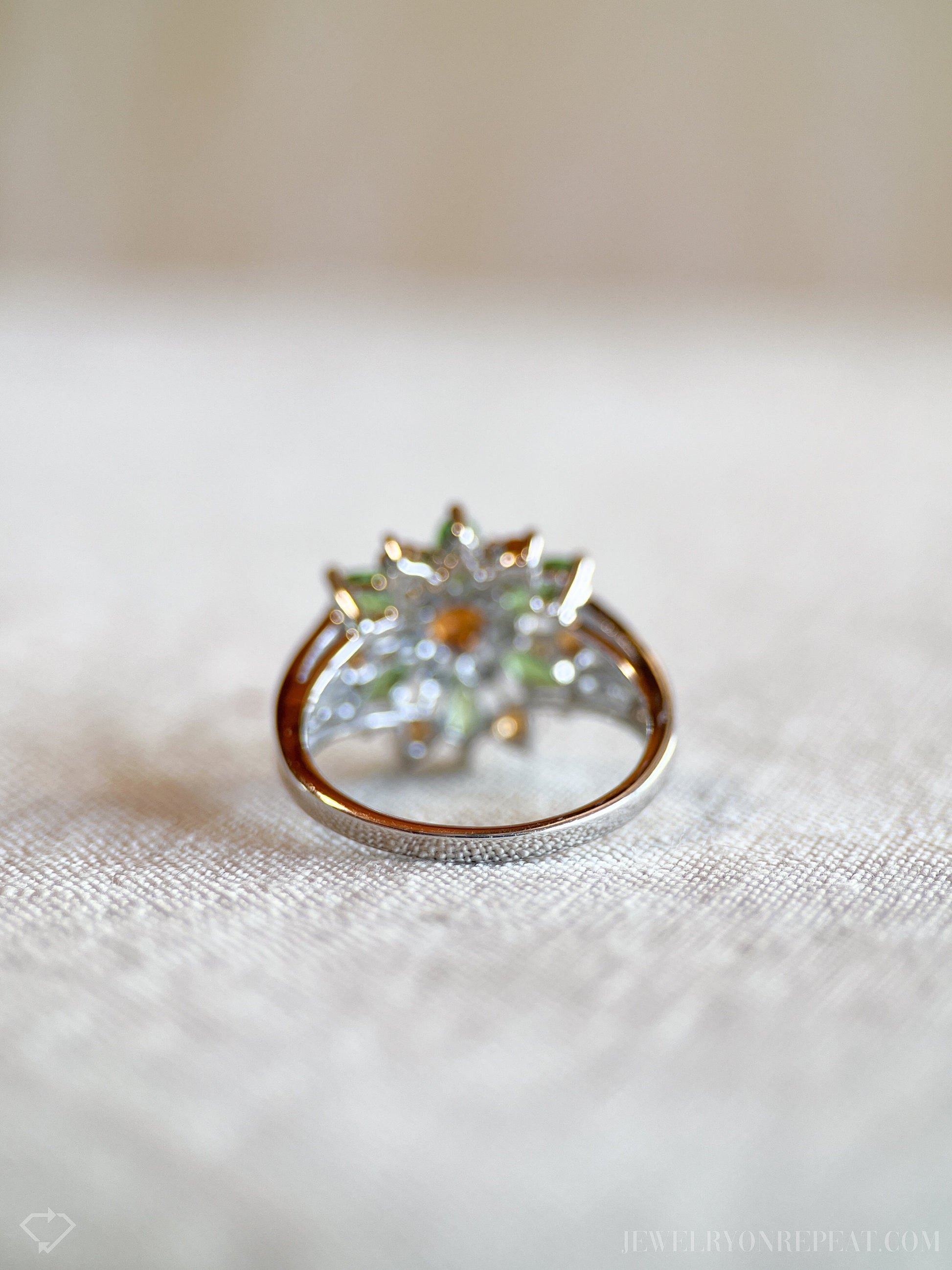 Vintage Green and Orange Garnet Floral Gemstone Ring in 14k White Gold